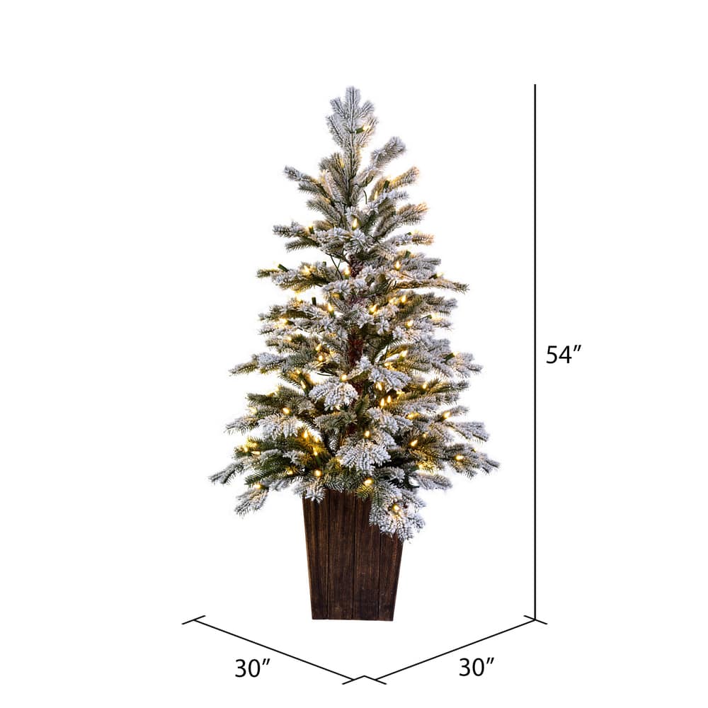 4.5ft. Pre-Lit Flocked Comet Pine Artificial Christmas Tree In Brown Pot, Clear Dura-Lit® LED Lights