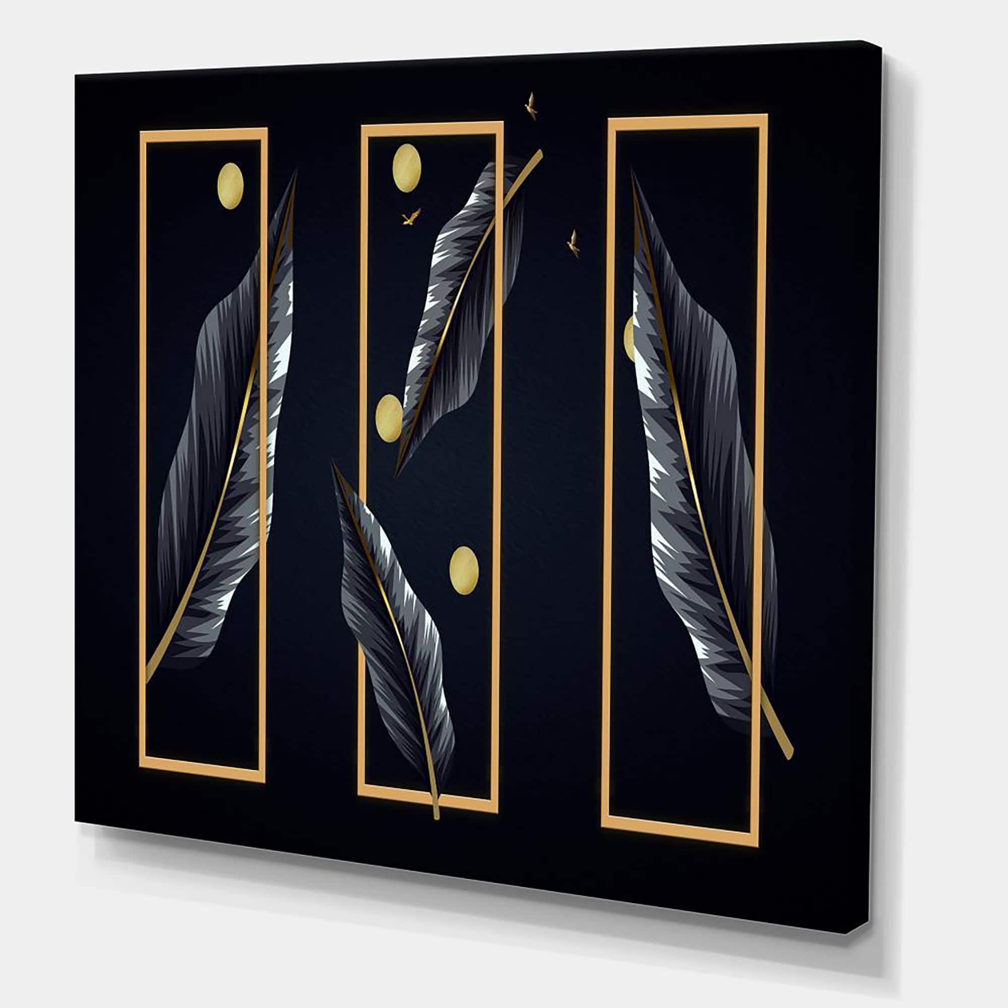 Designart - Black Tropical Leaves With Golden Rectangles - Modern Canvas Wall Art Print