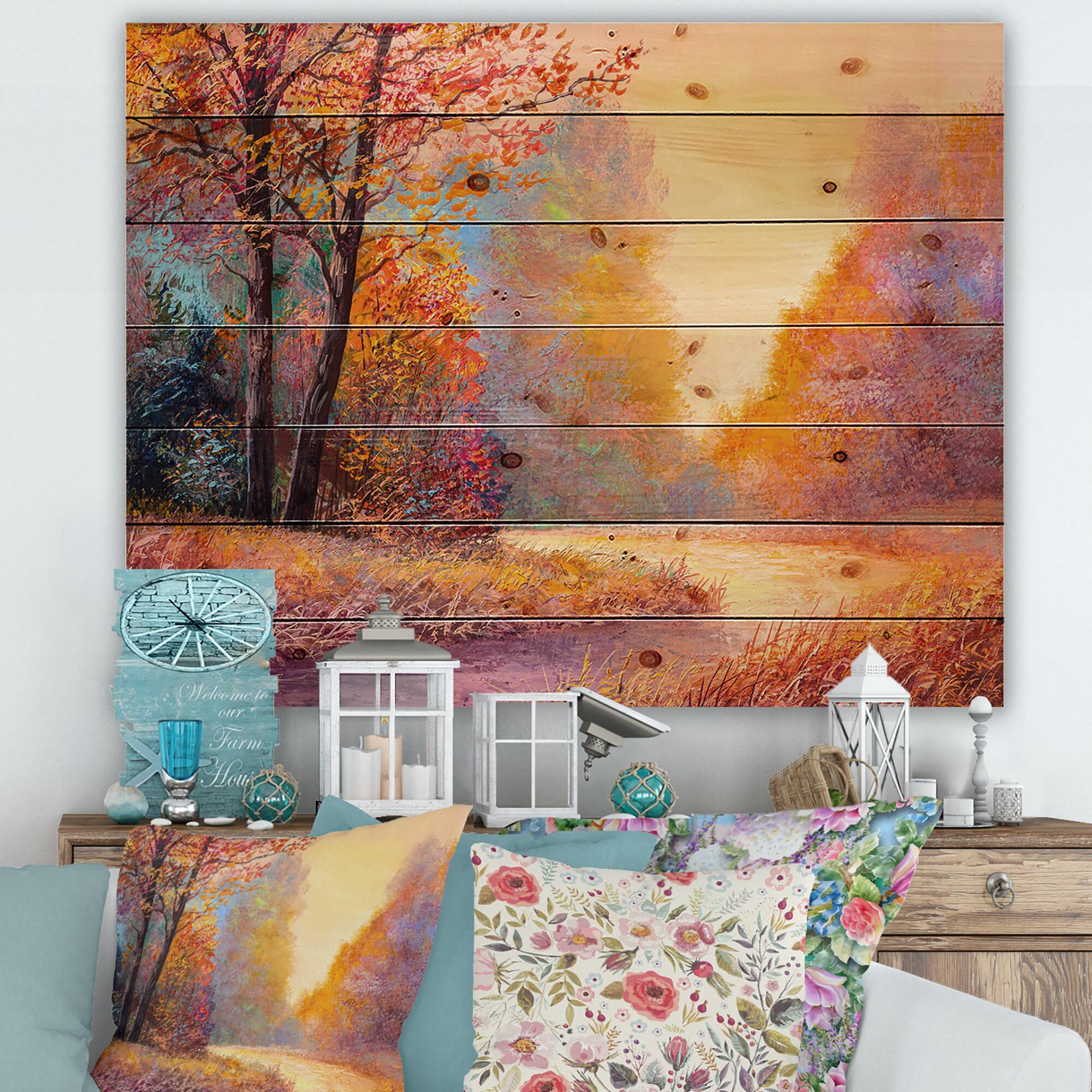 Designart - Path In The Autumn Forest Orange Leaves Landscape