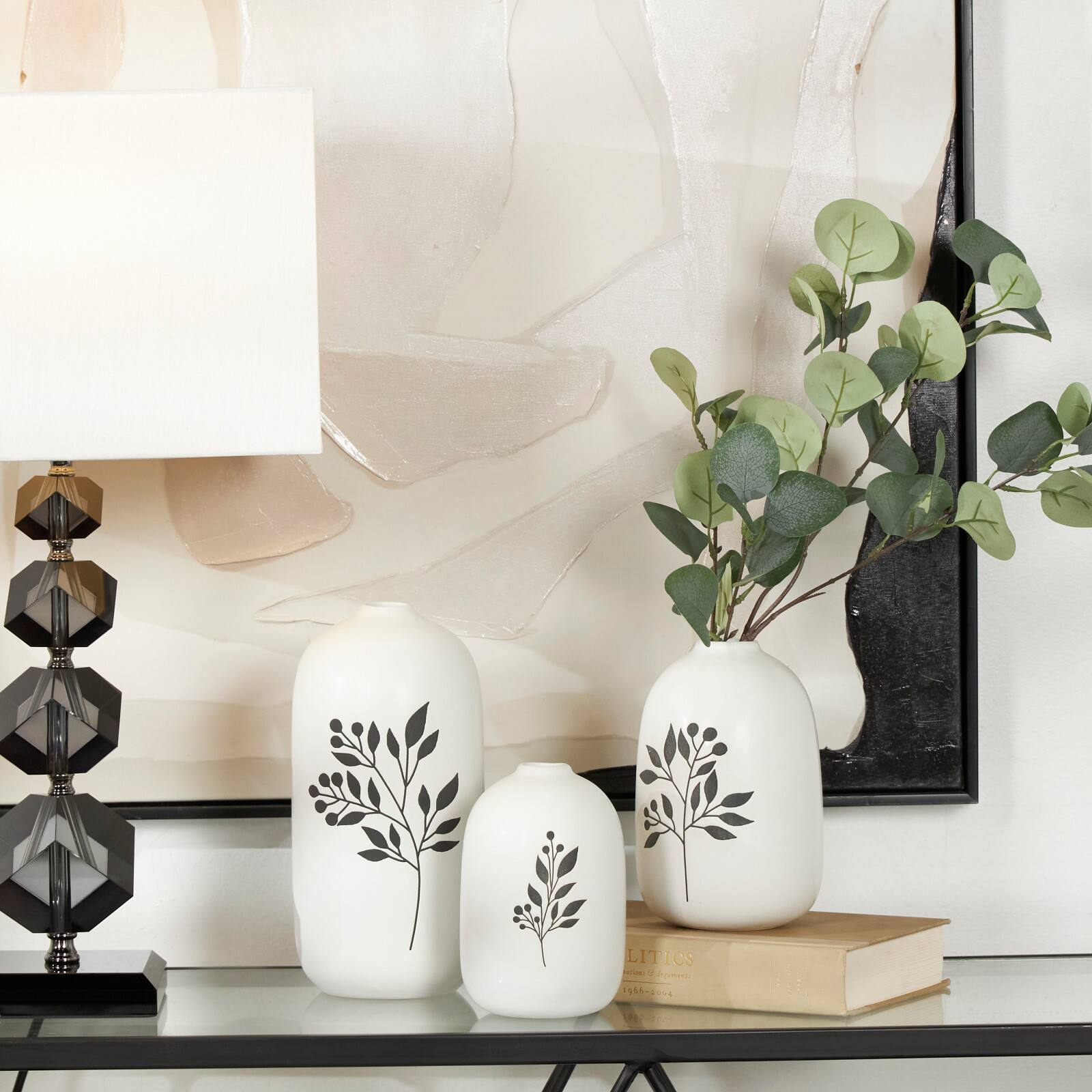 White Ceramic Vase with Black Leaf & Berry Prints Set