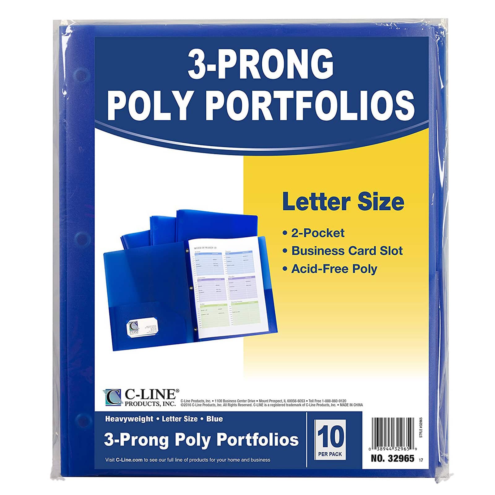 C-Line® Two-Pocket Heavyweight Poly Portfolio Folder with Prongs, Pack of 10