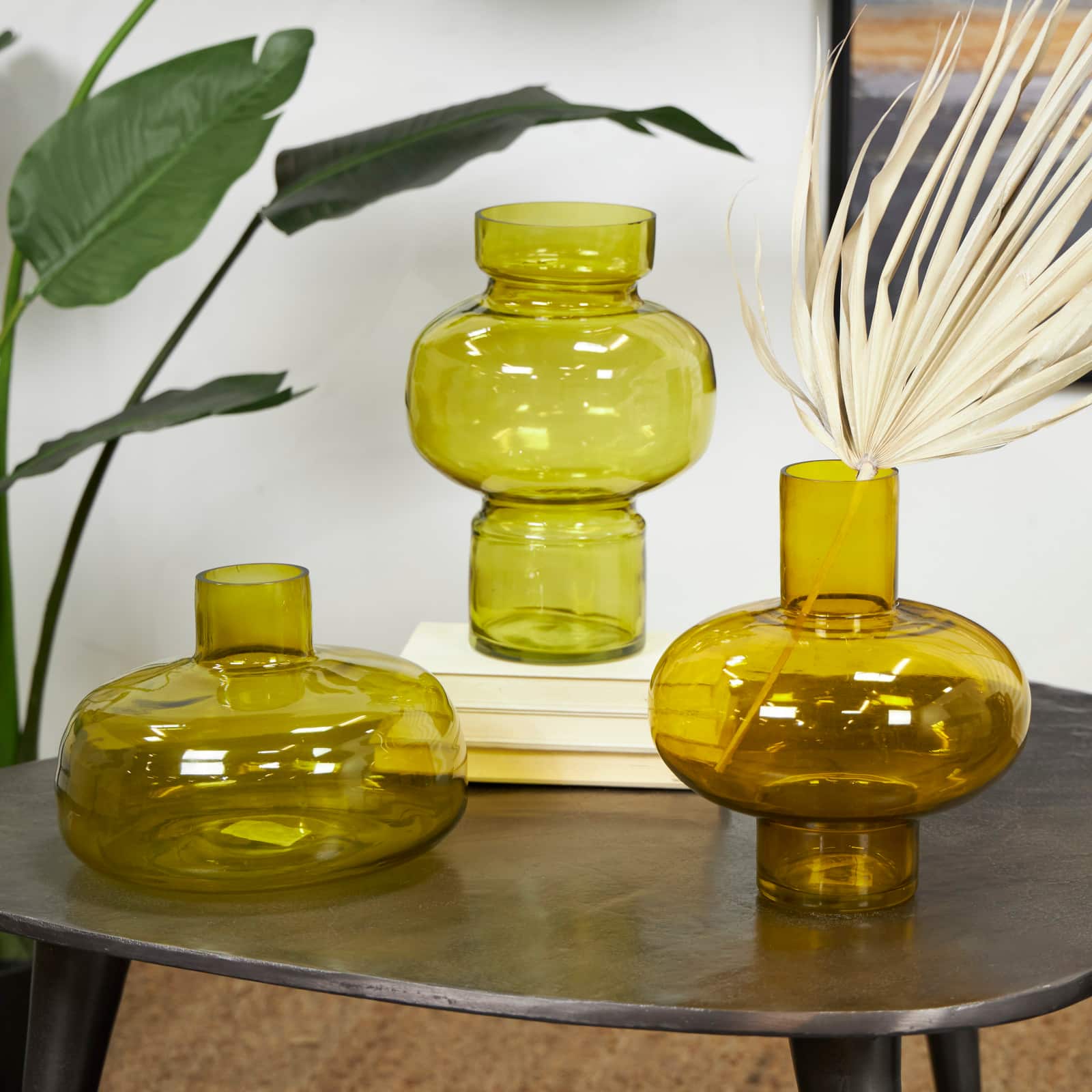 Eclectic Green Glass Round Vase Set