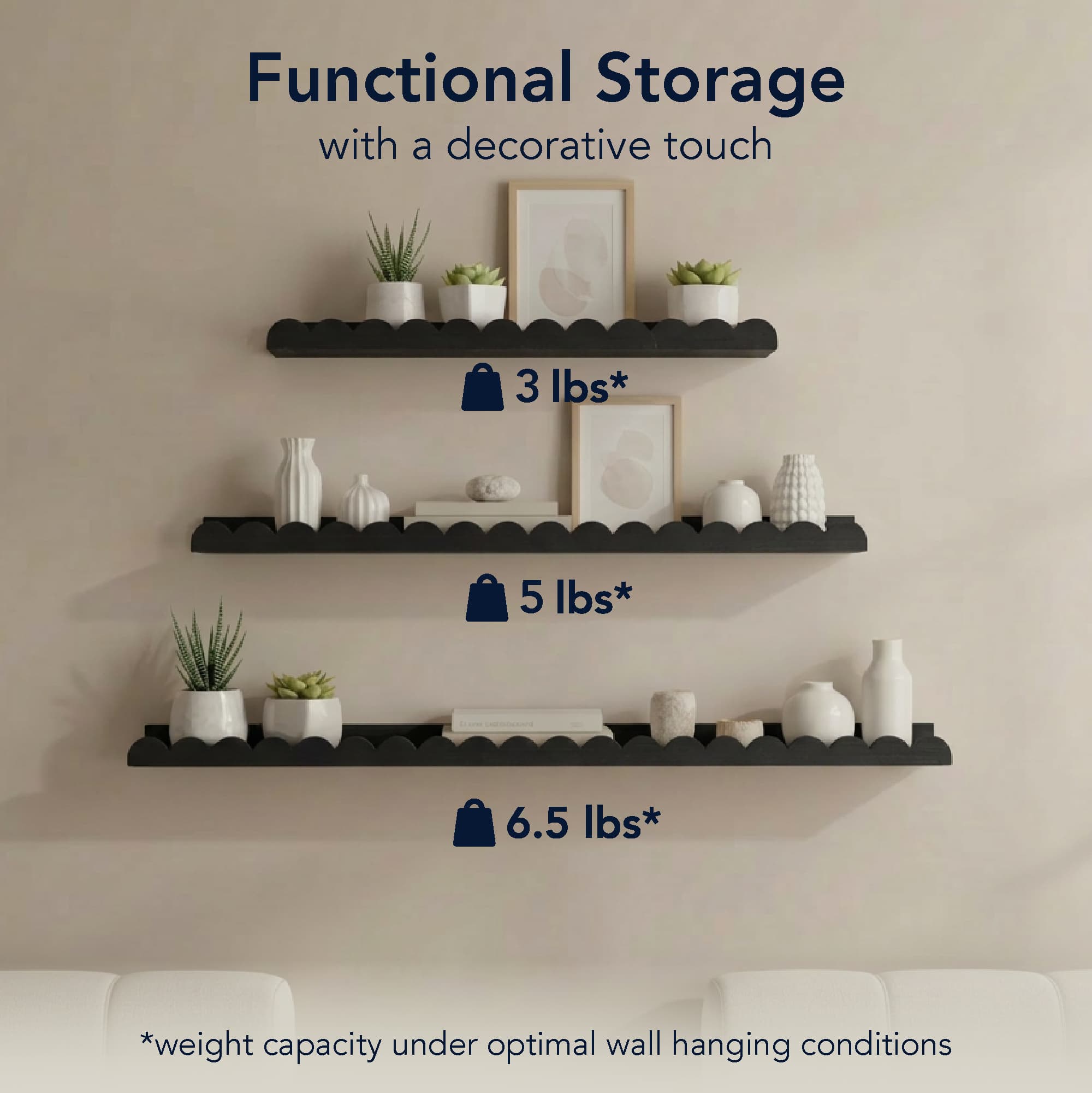 American Art Decor Matte Black Scallop Wood Floating Wall Shelf Set