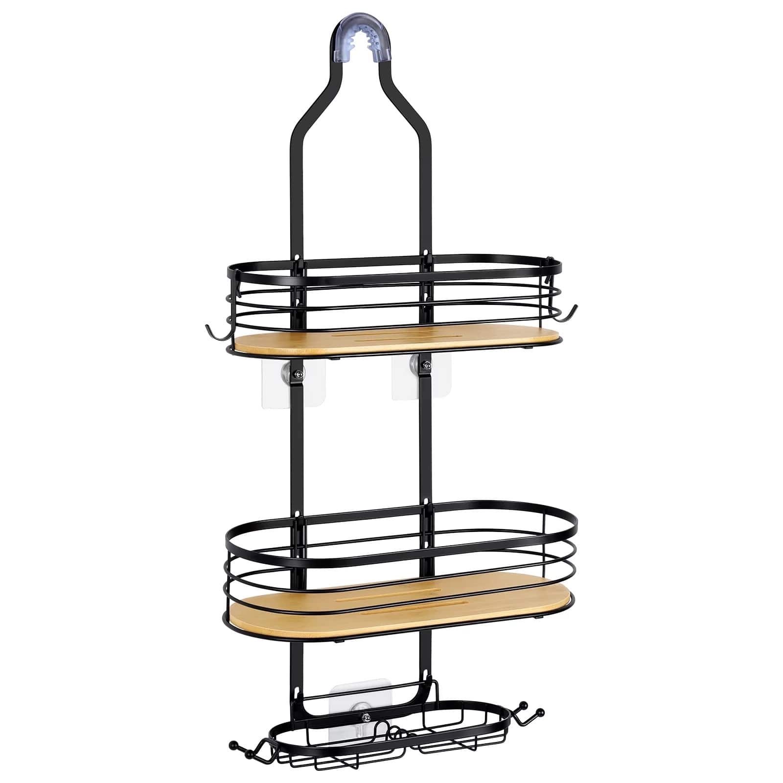 NEX™ Black Stainless Steel & Bamboo Hanging Caddy Shower Organizer with Hooks