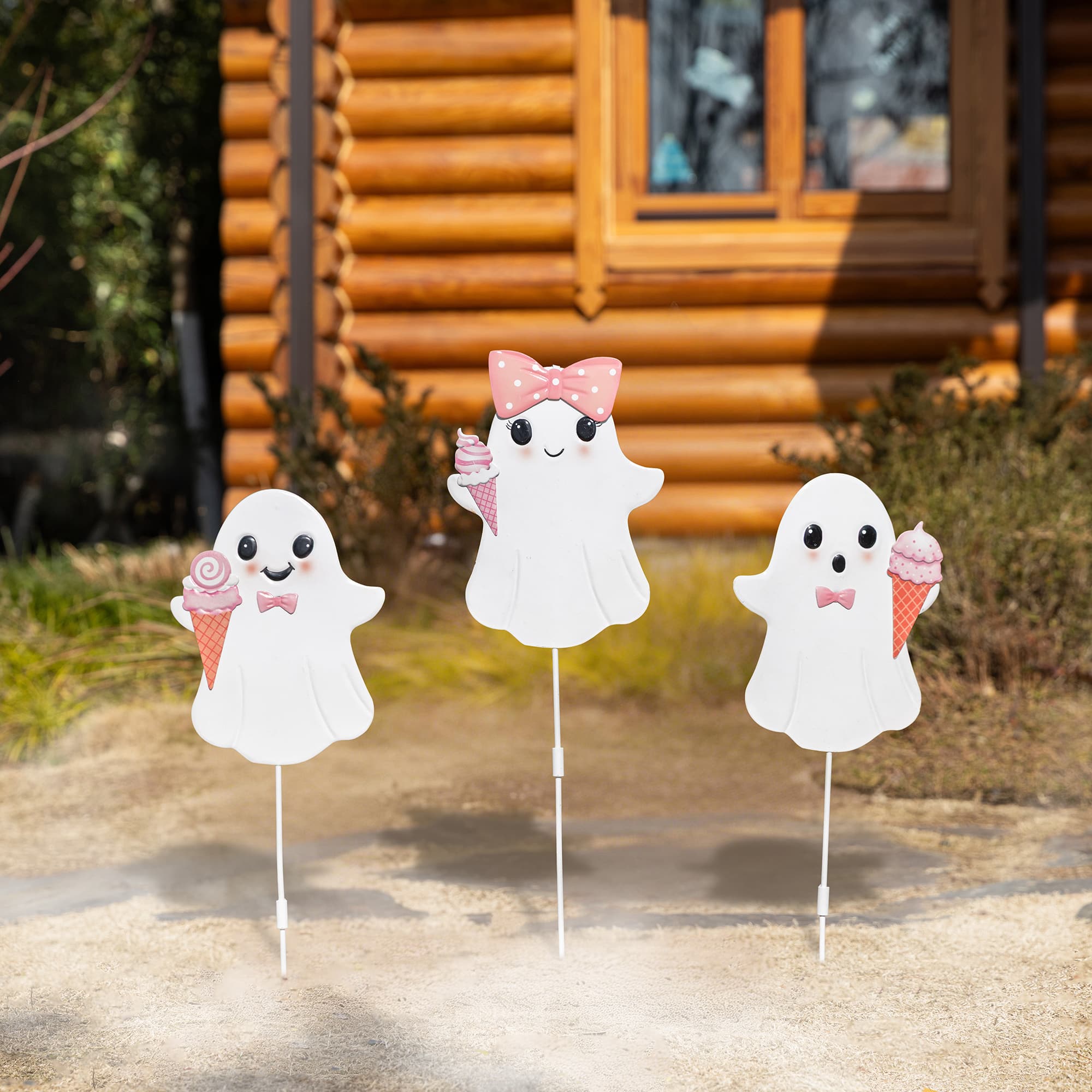 Glitzhome® 23.75" Halloween Metal Pink Ghosts Yard Stake, Set of 3
