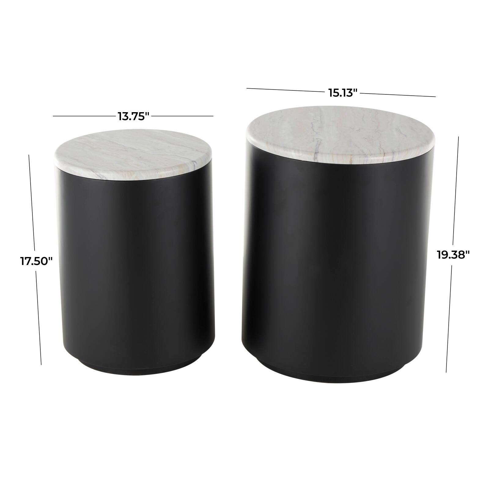 Black Metal Nesting Accent Table with Faux White Marble Top Set