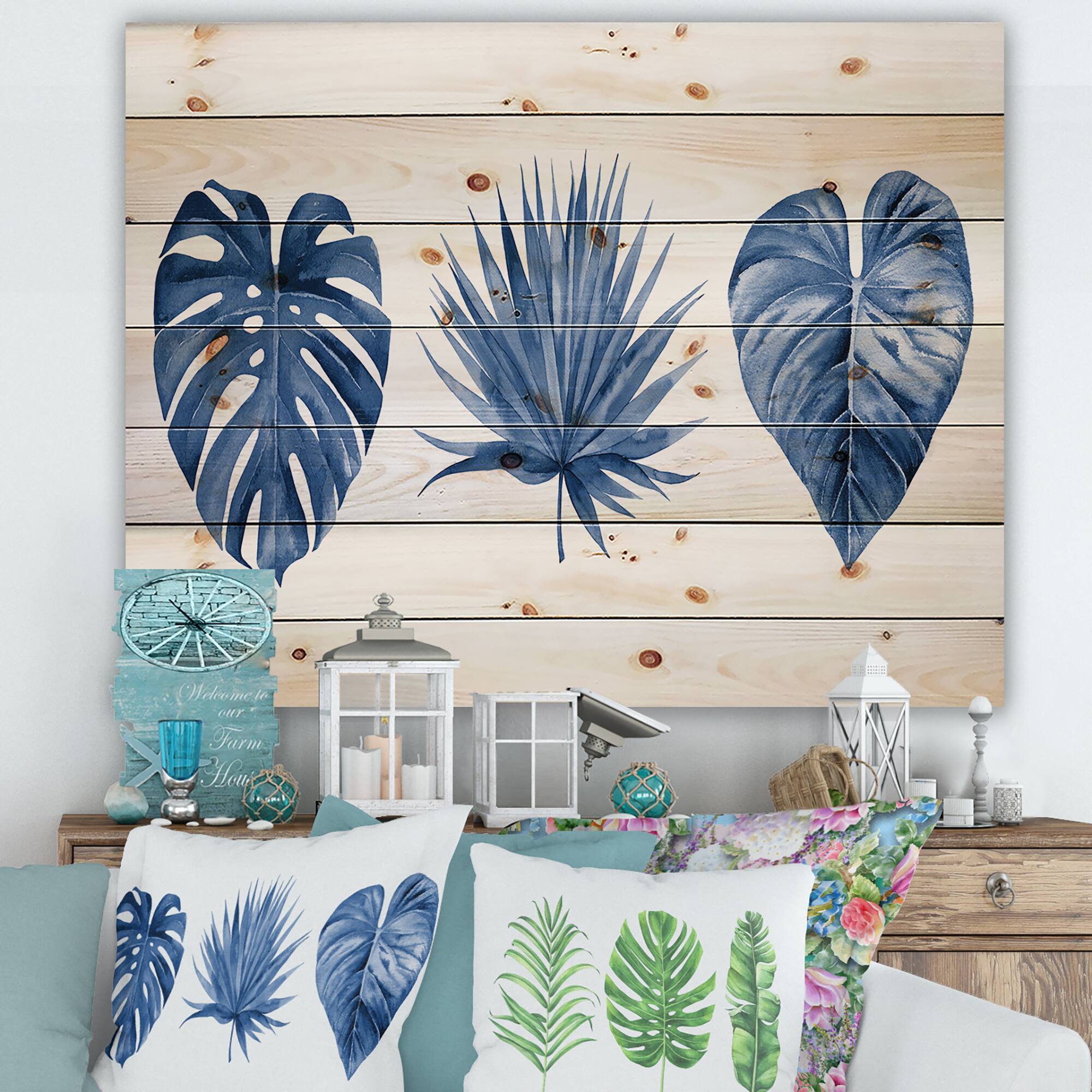 Designart - Classic Blue Tropical Leaves - Tropical Print on Natural Pine Wood
