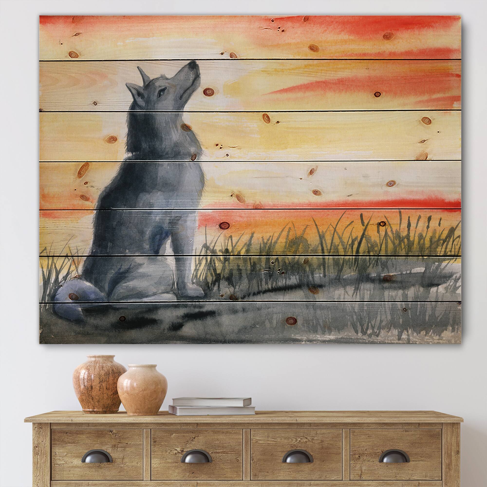 Designart - Grey Wolf Howling At The Moon - Traditional Print on Natural Pine Wood