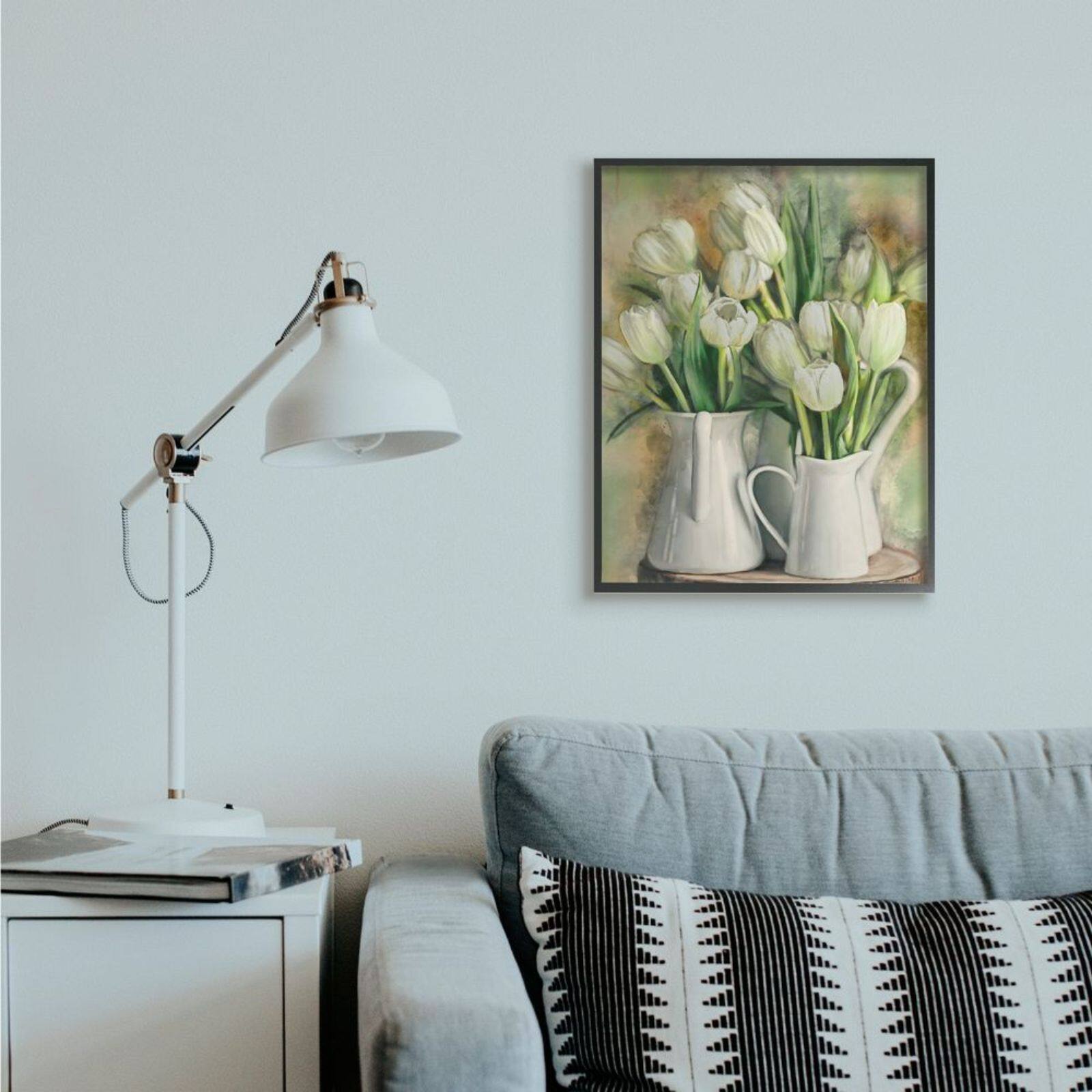 Stupell Industries White Tulips in Charming Country Pitchers Wall Art in Black Frame