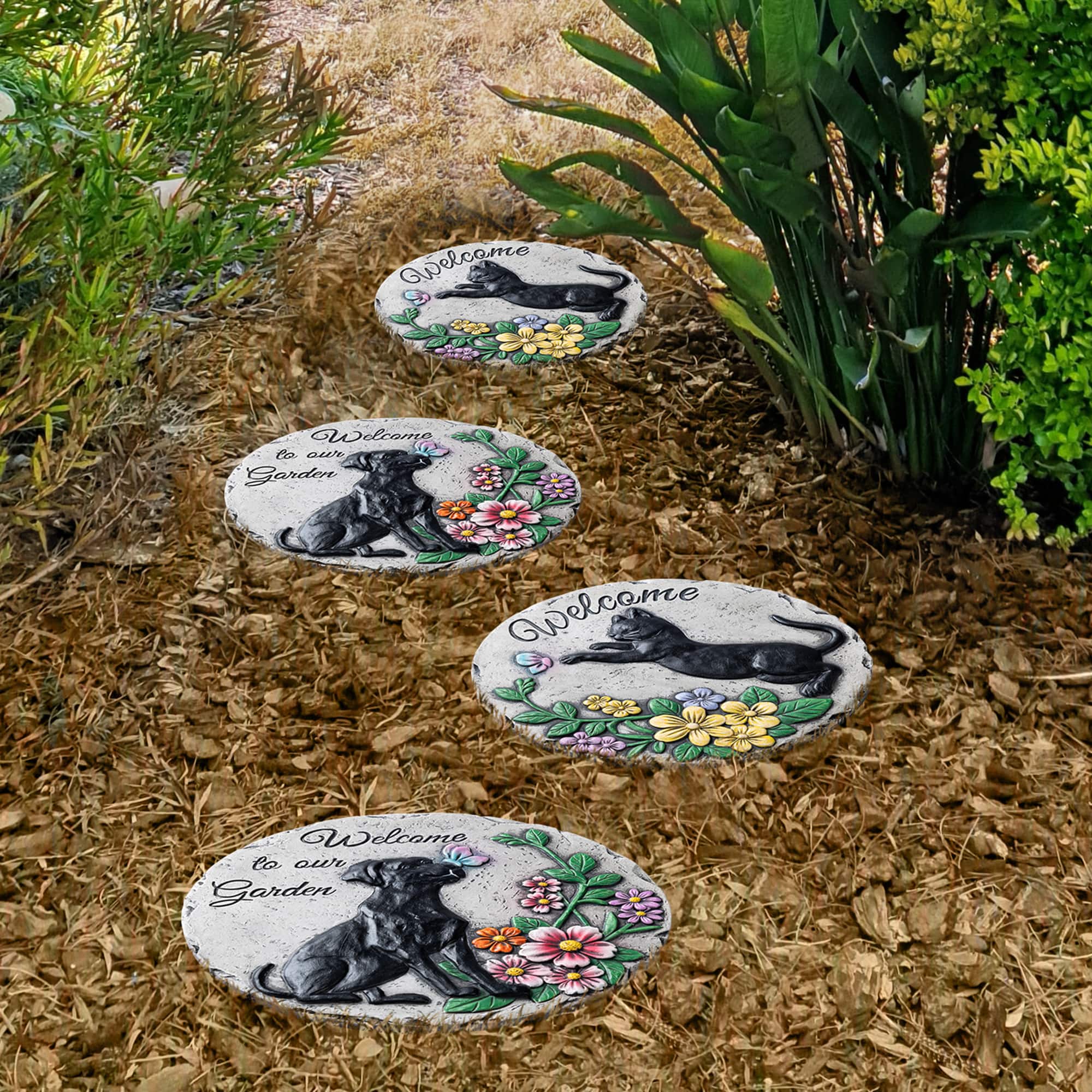 Glitzhome® 10" Set of 2 Cement Cat and Dog Textured Stepping Stones
