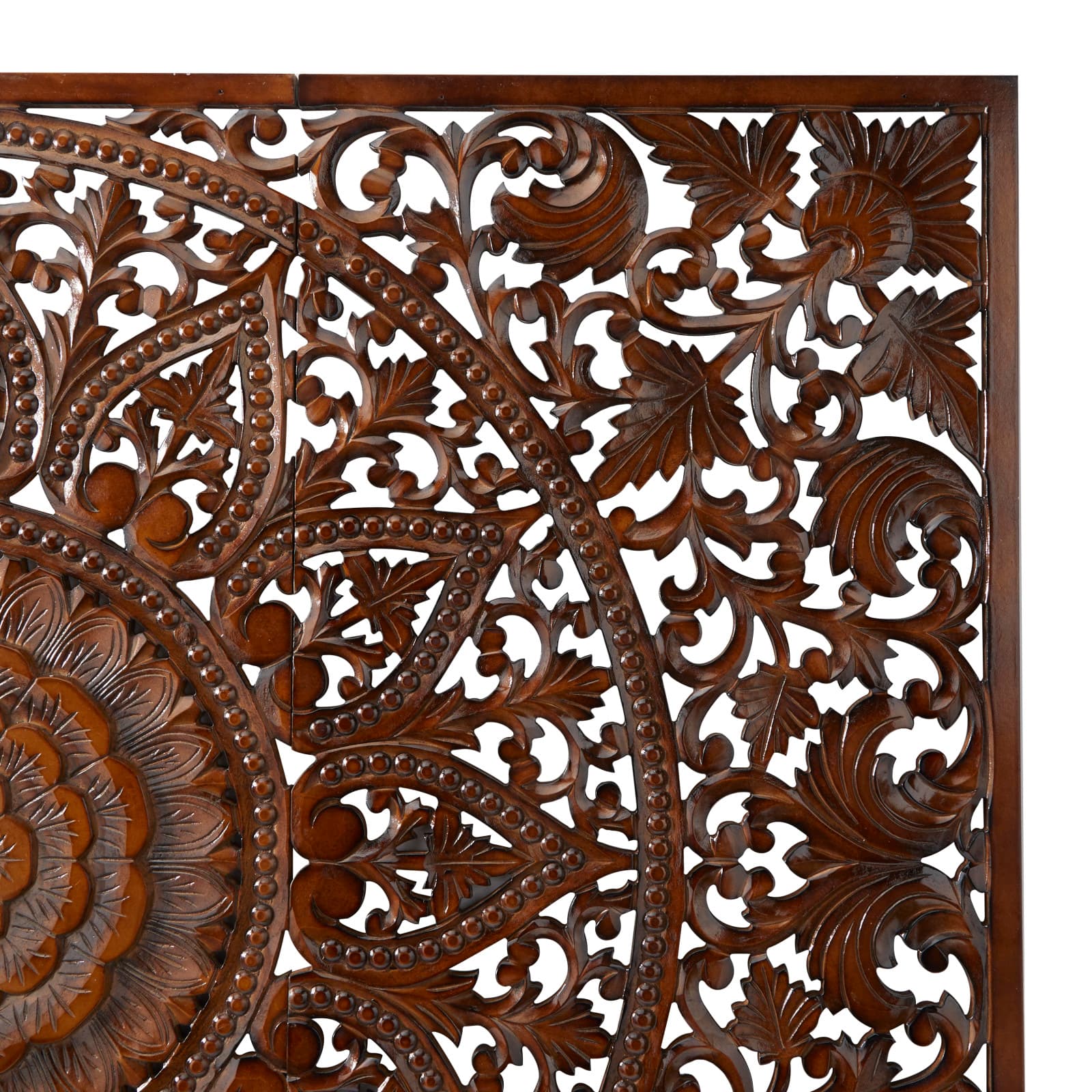 Brown Wood Handmade Intricately Carved Floral Wall Decor with Mandala Design Set of 3 22", 48"