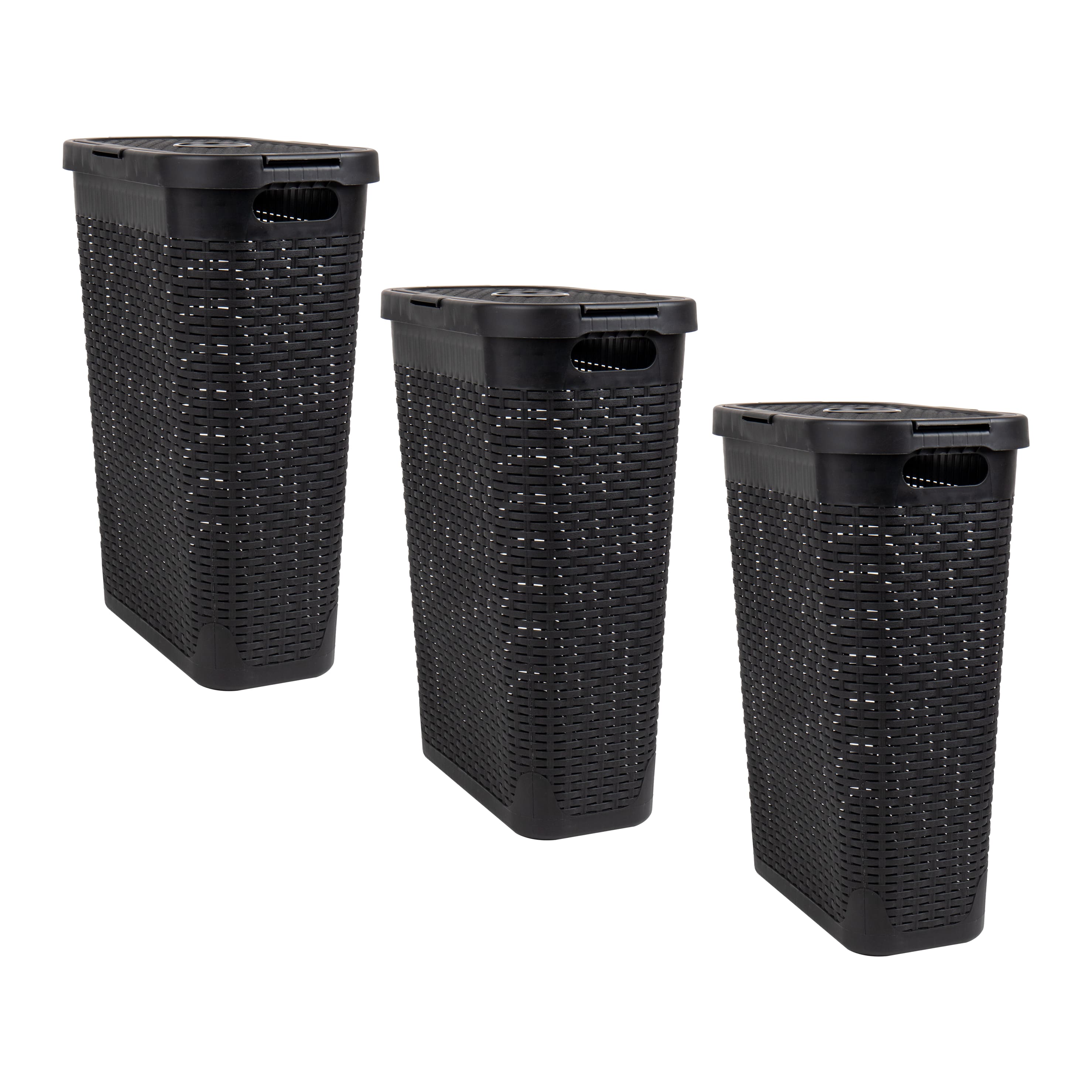 Mind Reader 40L Hamper Laundry Basket with Cutout Handles, 3-Pack, Black