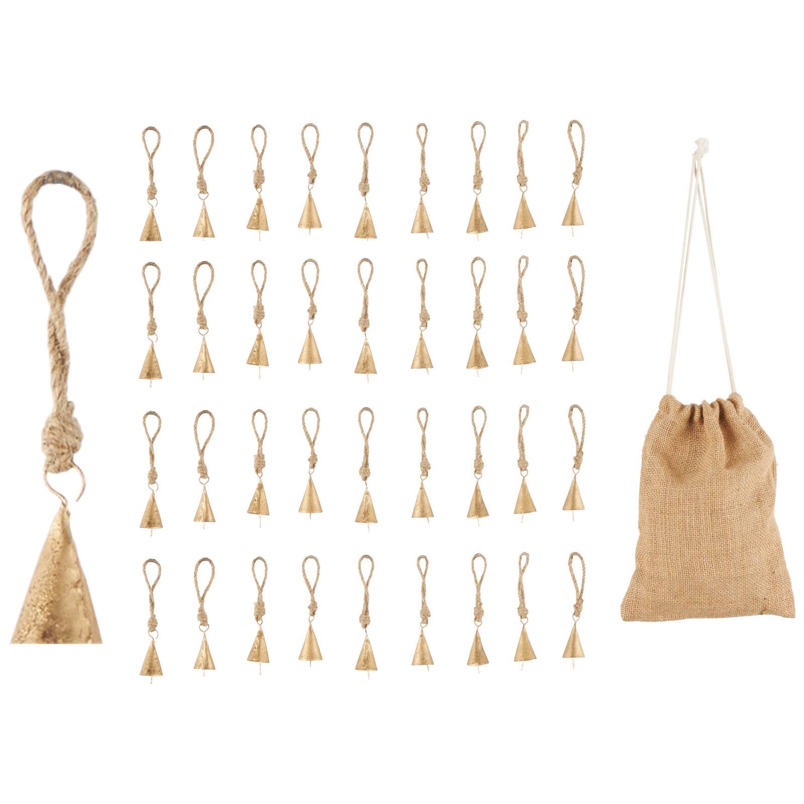 Gold Metal Tibetan-Inspired Decorative Bells with Brown Jute Rope and Canvas Drawstring Tote Set
