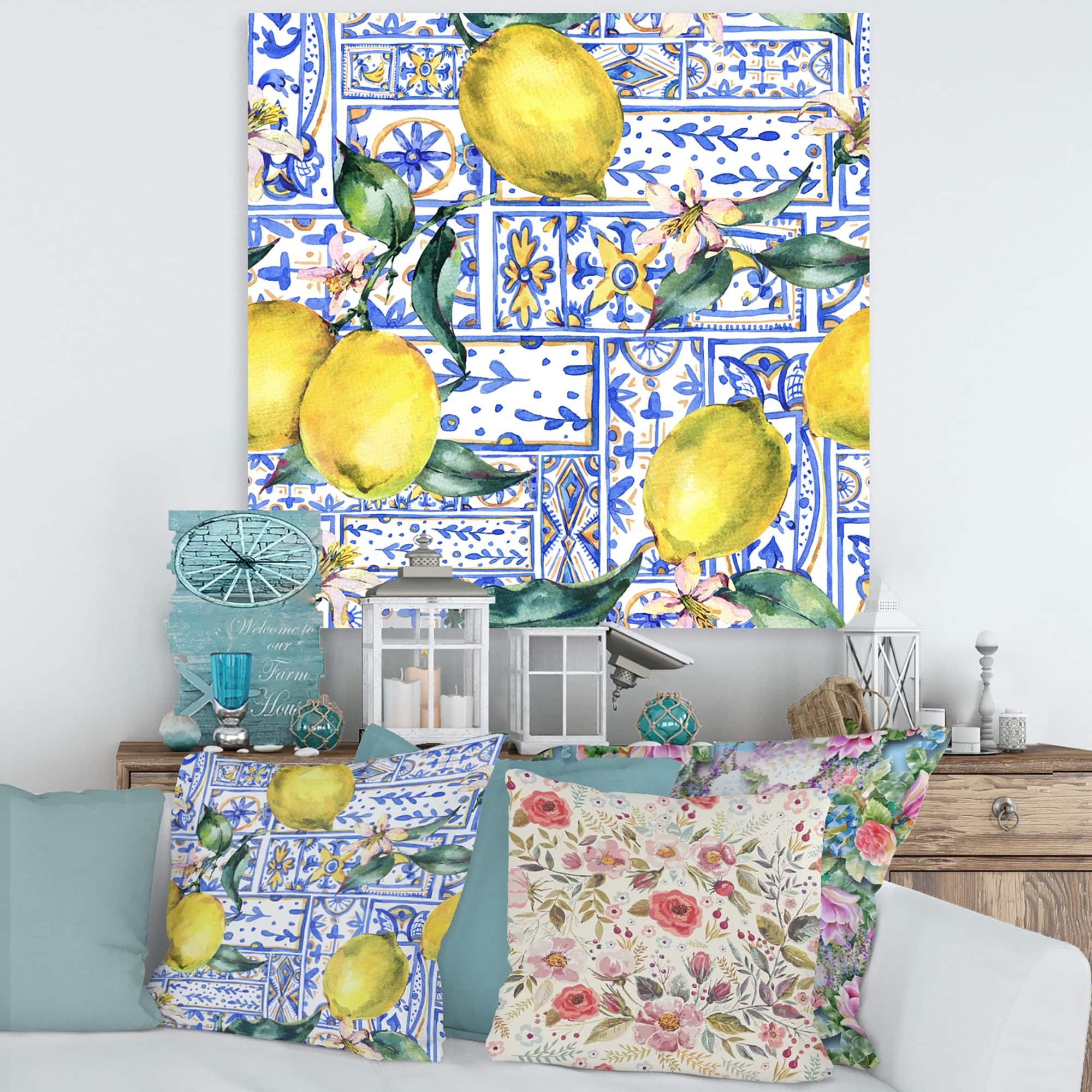 Designart - Lemon Ornament On Blue Geometrical Pattern I - Tropical Canvas Wall Art Print