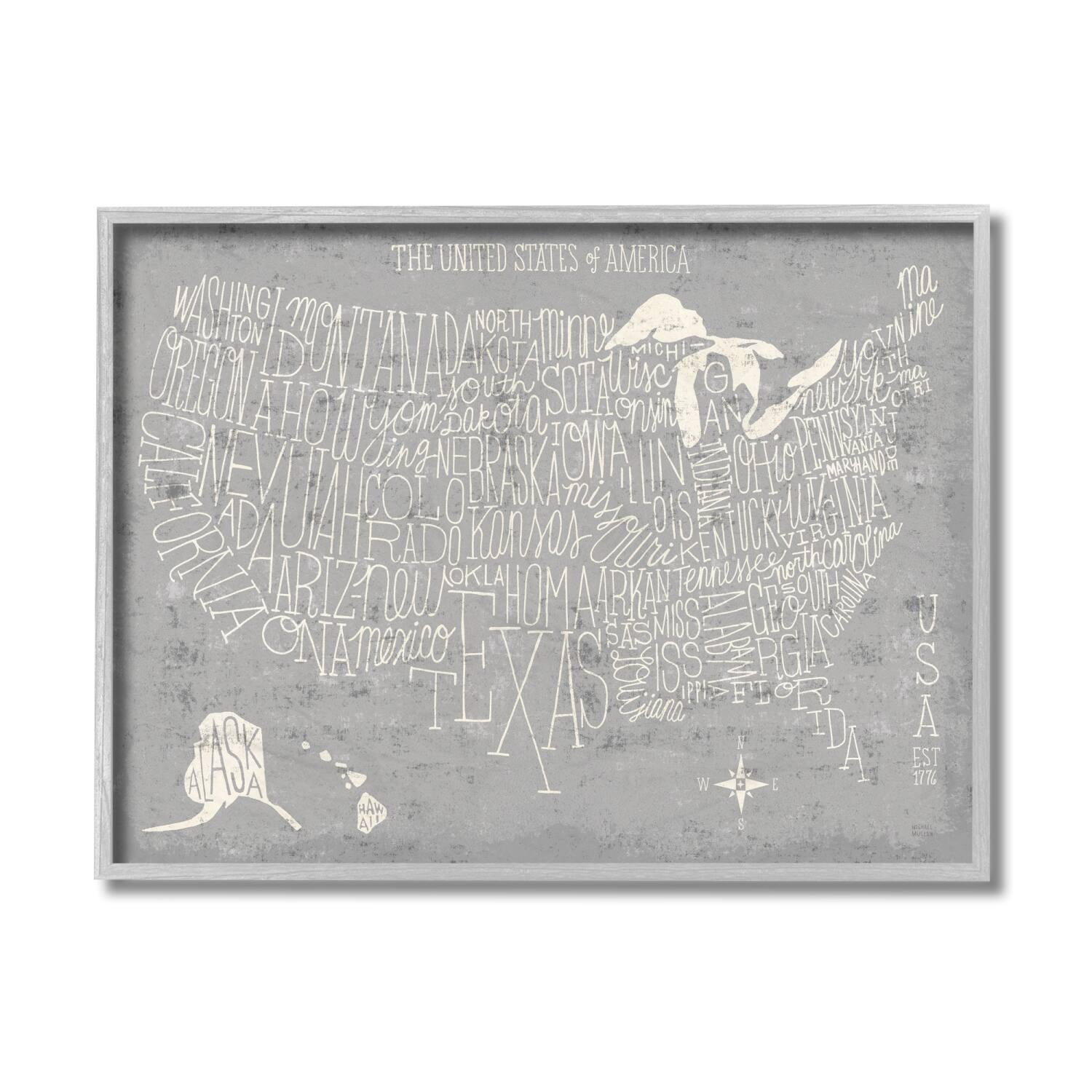 Stupell Industries Grey Distressed US Map Playful Typography Framed Giclee Art