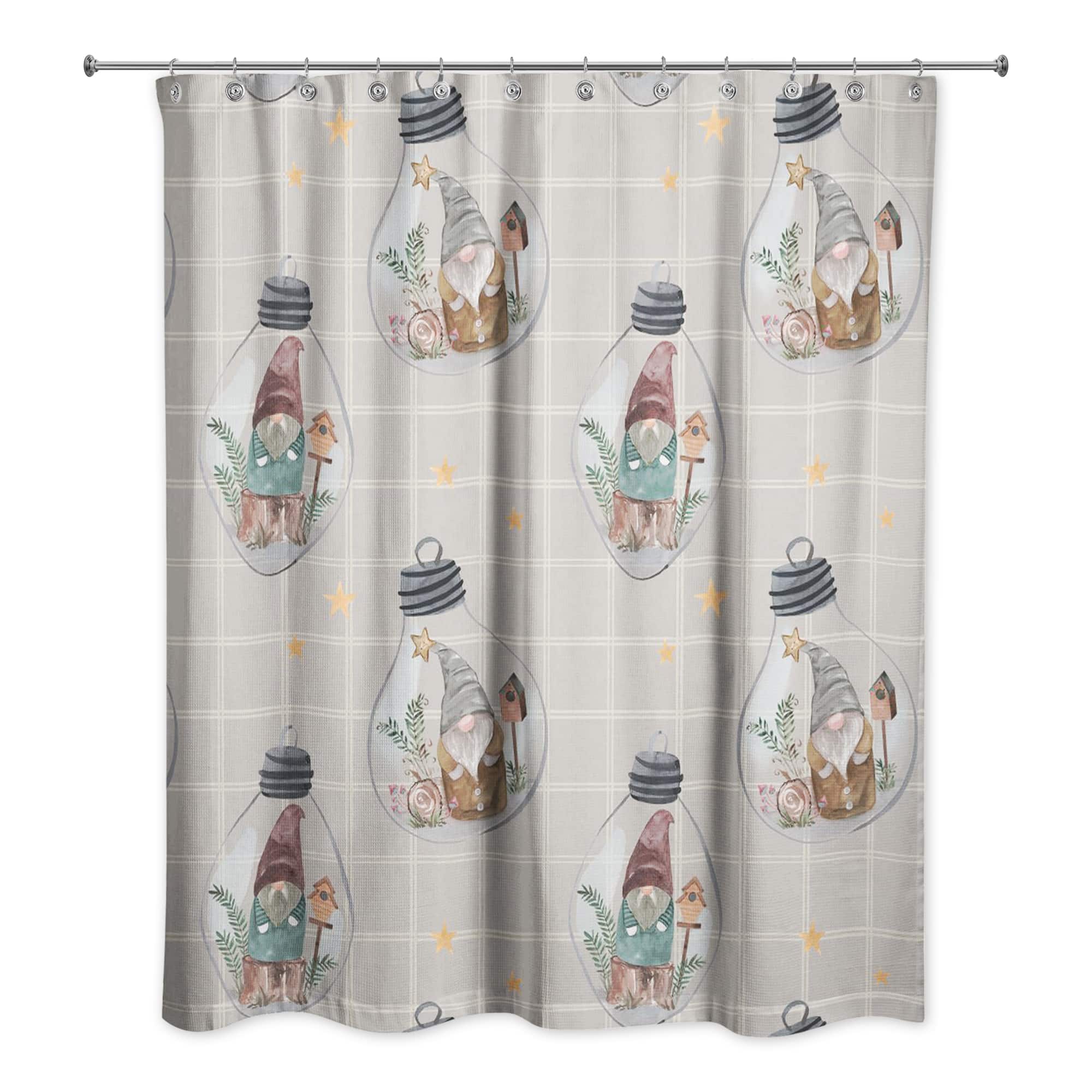 Gray and White Check Gnome Globe Pattern Shower Curtain