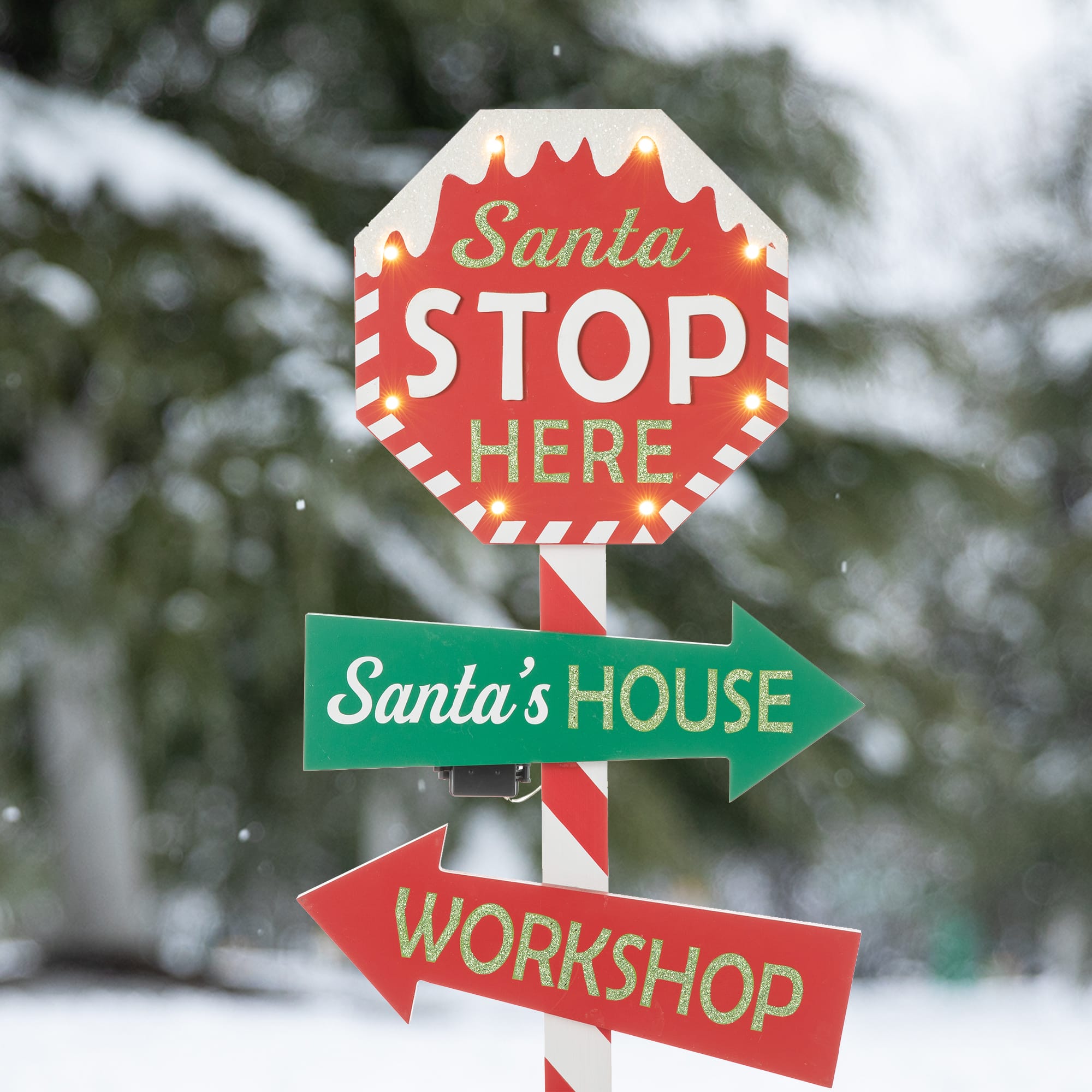Glitzhome® 41.75'' Lighted Santa Stops Here Wooden Yardstake