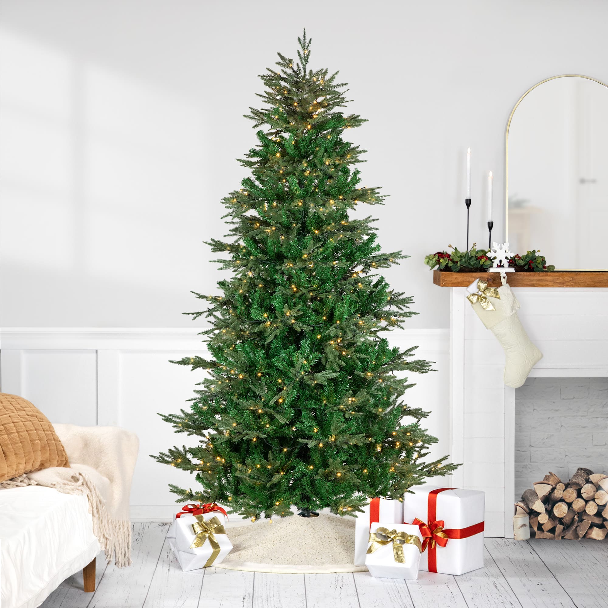 7.5Ft Pre-Lit Real Touch™️ Hudson Fir Artificial Christmas Tree, Warm White LED Lights By Northlight in Green | 7.5 ft | Michaels®