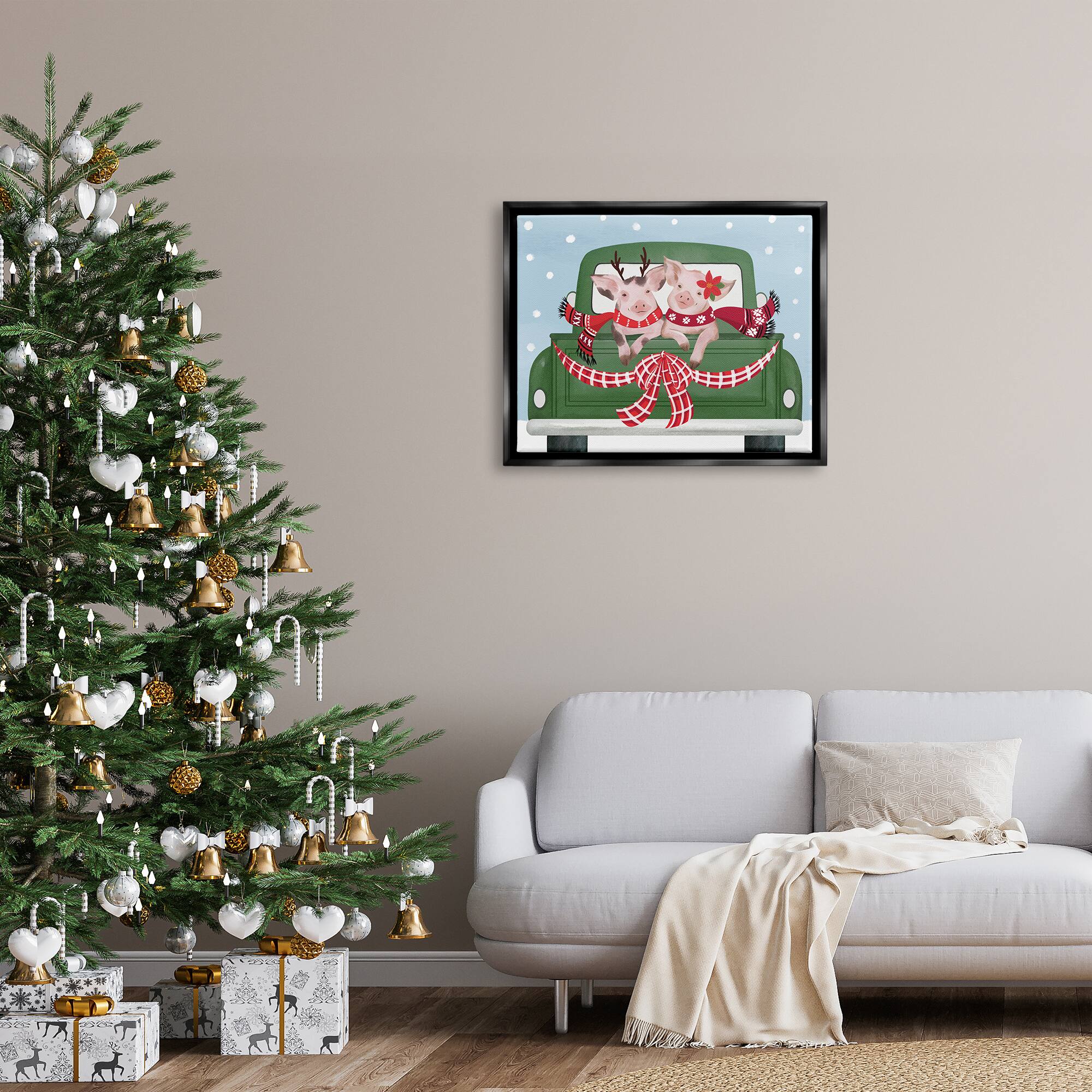 Stupell Industries Farmhouse Pigs Green Holiday Truck Framed Floater Canvas Wall Art