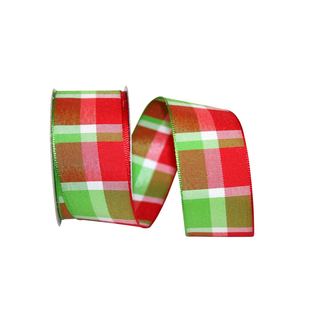 JAM Paper 1.5" x 10yd. Red & Lime Wired Good Time Plaid Wired Ribbon