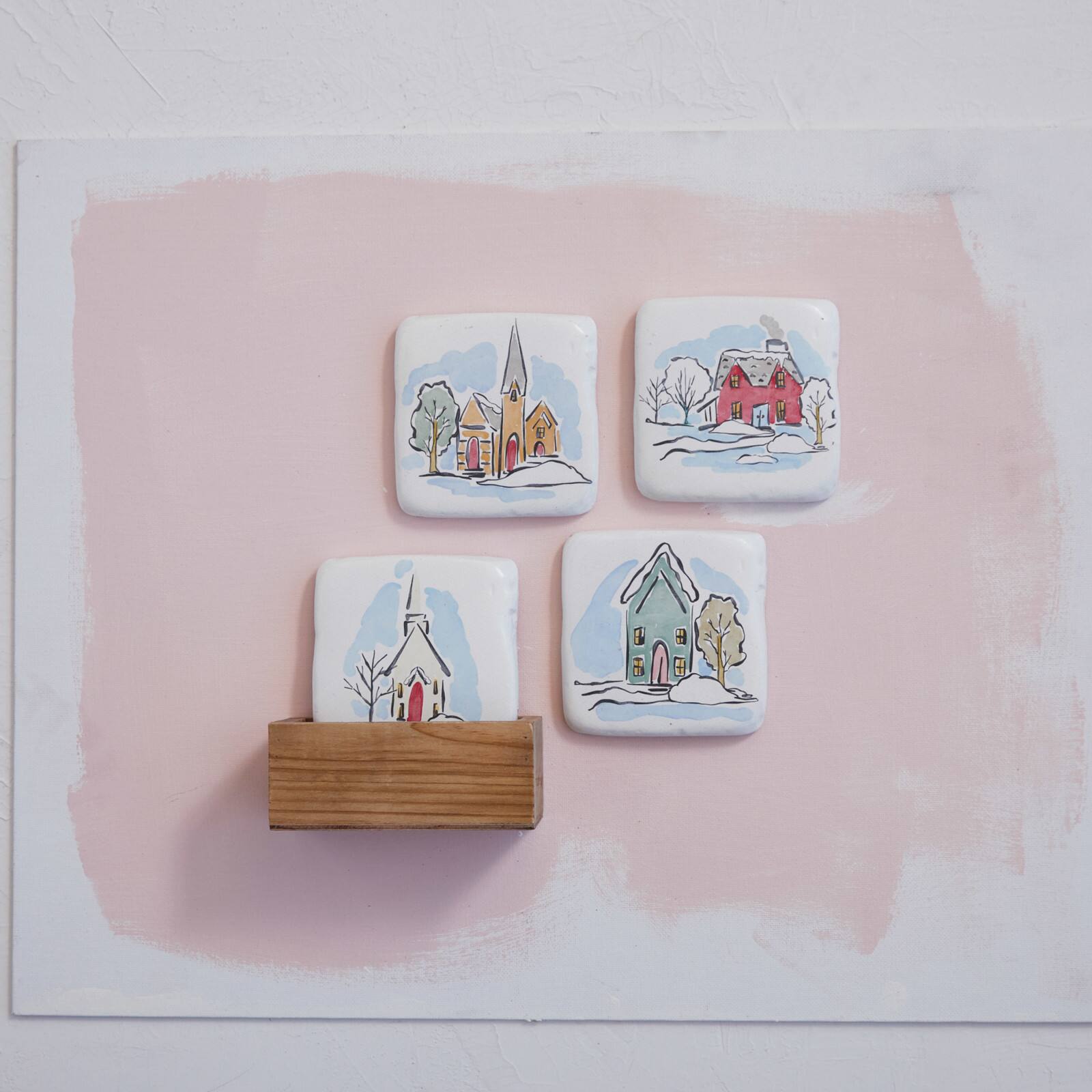 Hello Honey® 4" House Design Coaster Set in Wood Box