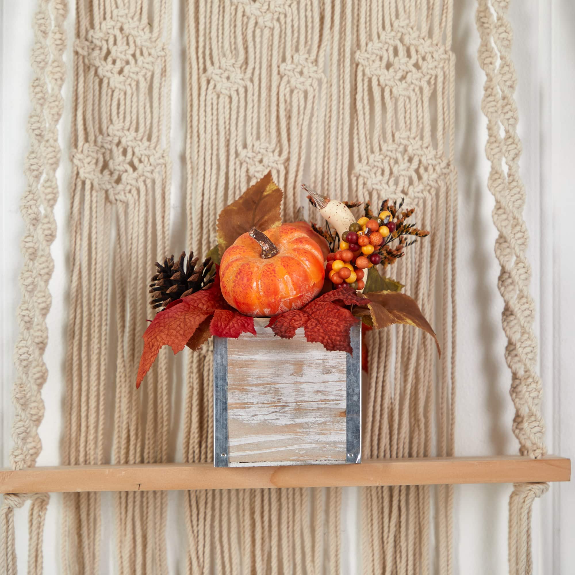 8" Pumpkin, Gourd, Berries & Pinecones Autumn Arrangement In Natural Washed Vase