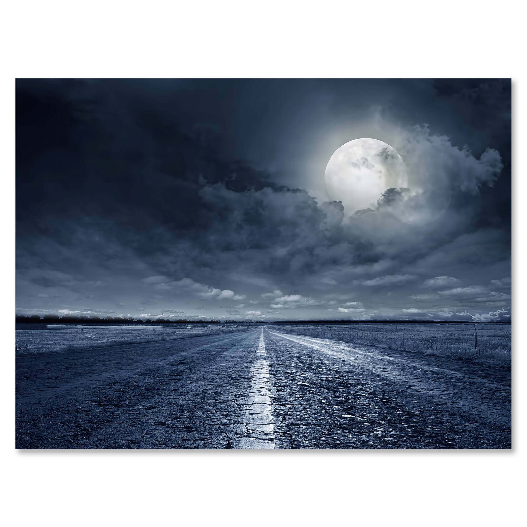 Designart - Asphalt Road Under Cloudy Full Moon I