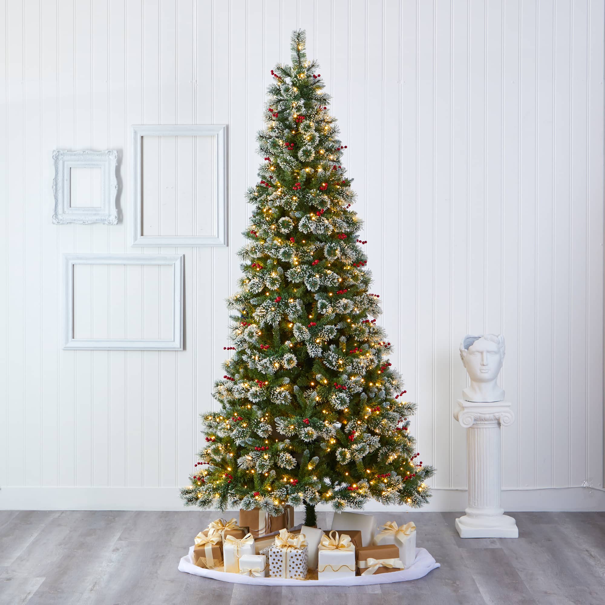9ft. Pre-Lit Frosted Swiss Pine & Berries Artificial Christmas Tree with Clear LED Lights