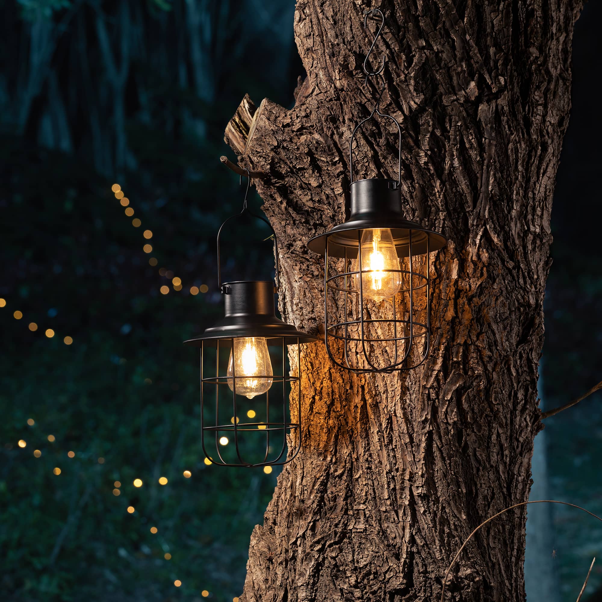 Glitzhome® 9.75" Black Metal Wire Solar Powered Hanging Lantern, 2ct.