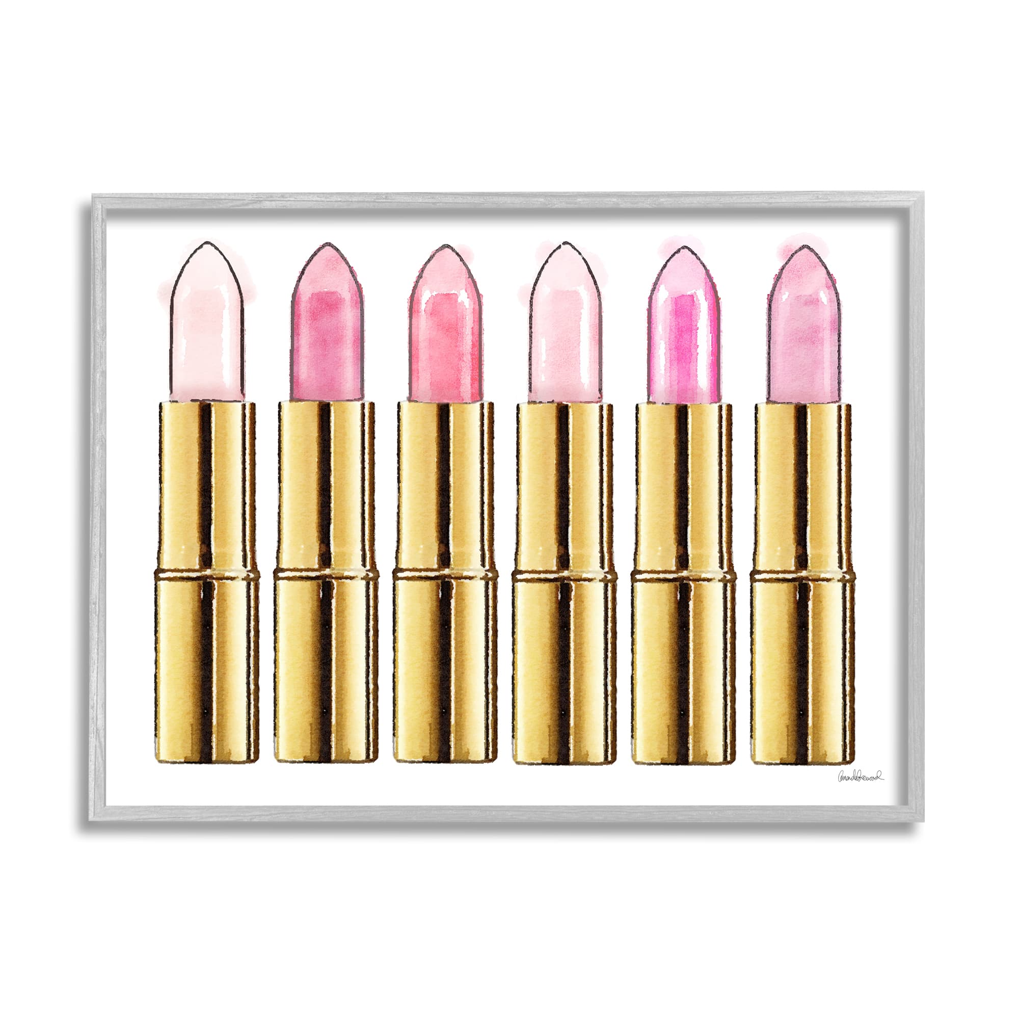 Stupell Industries Pink Gold Lipstick Glam Fashion Watercolor in Gray Frame Wall Art