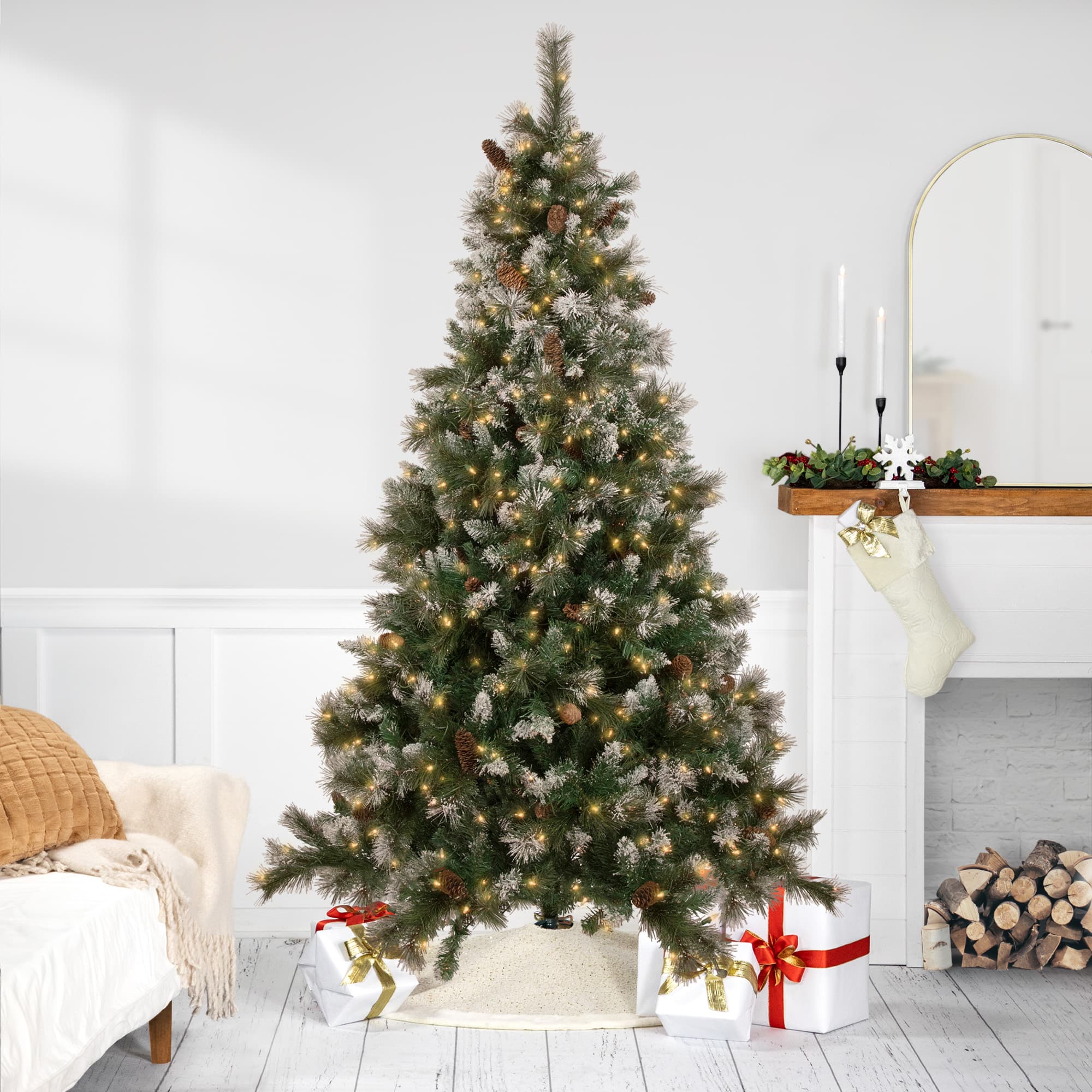 7.5ft. Pre-Lit Flocked Valley Pine Artificial Christmas Tree, Clear Lights