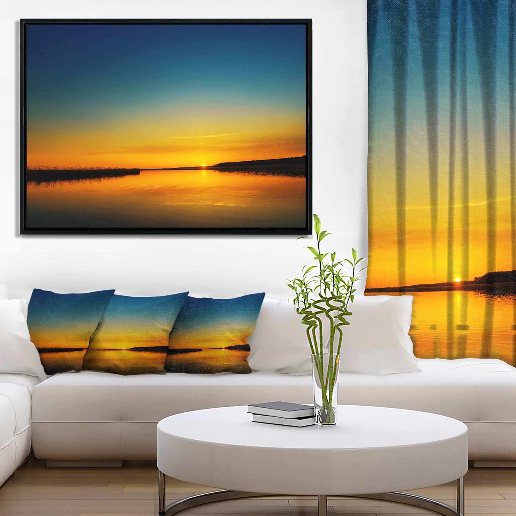 Designart - Orange Sunset Over River - Skyline Photography Canvas Art in Black Frame