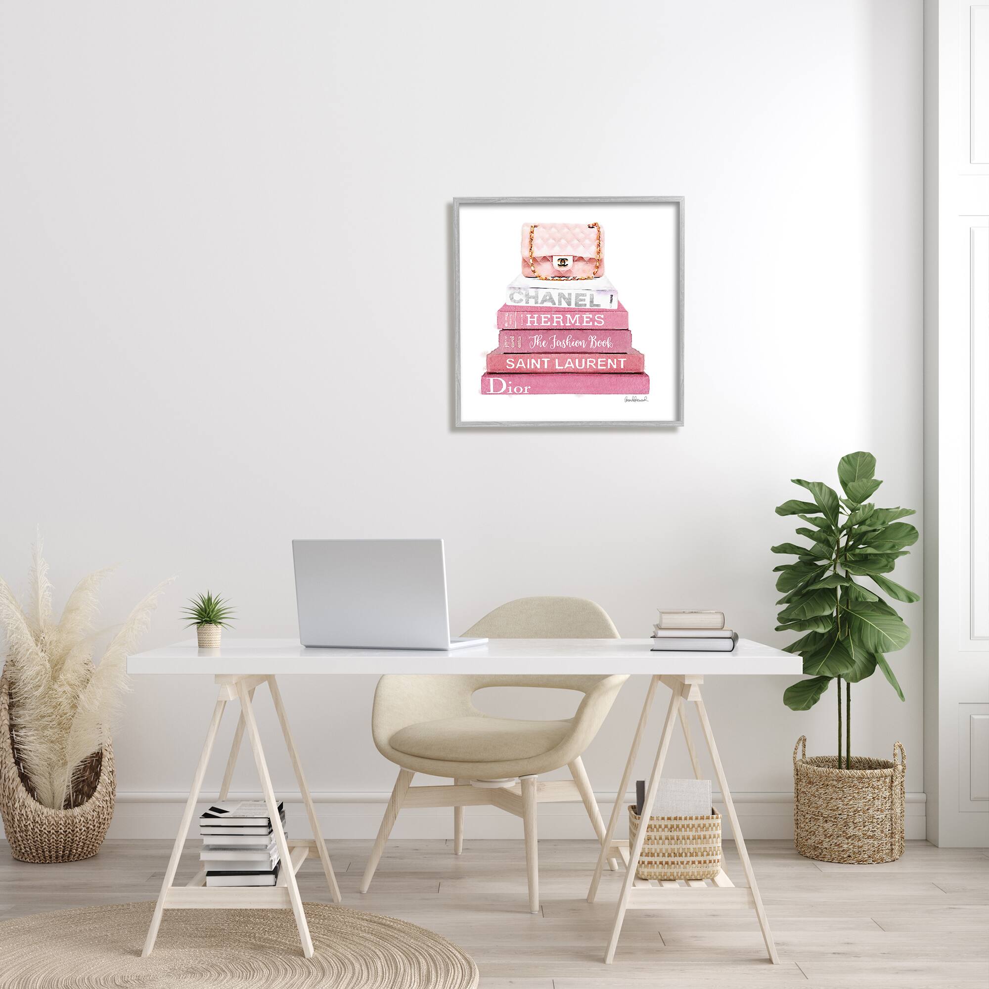 Stupell Industries Pink Book Stack Fashion Handbag in Gray Frame Wall Art