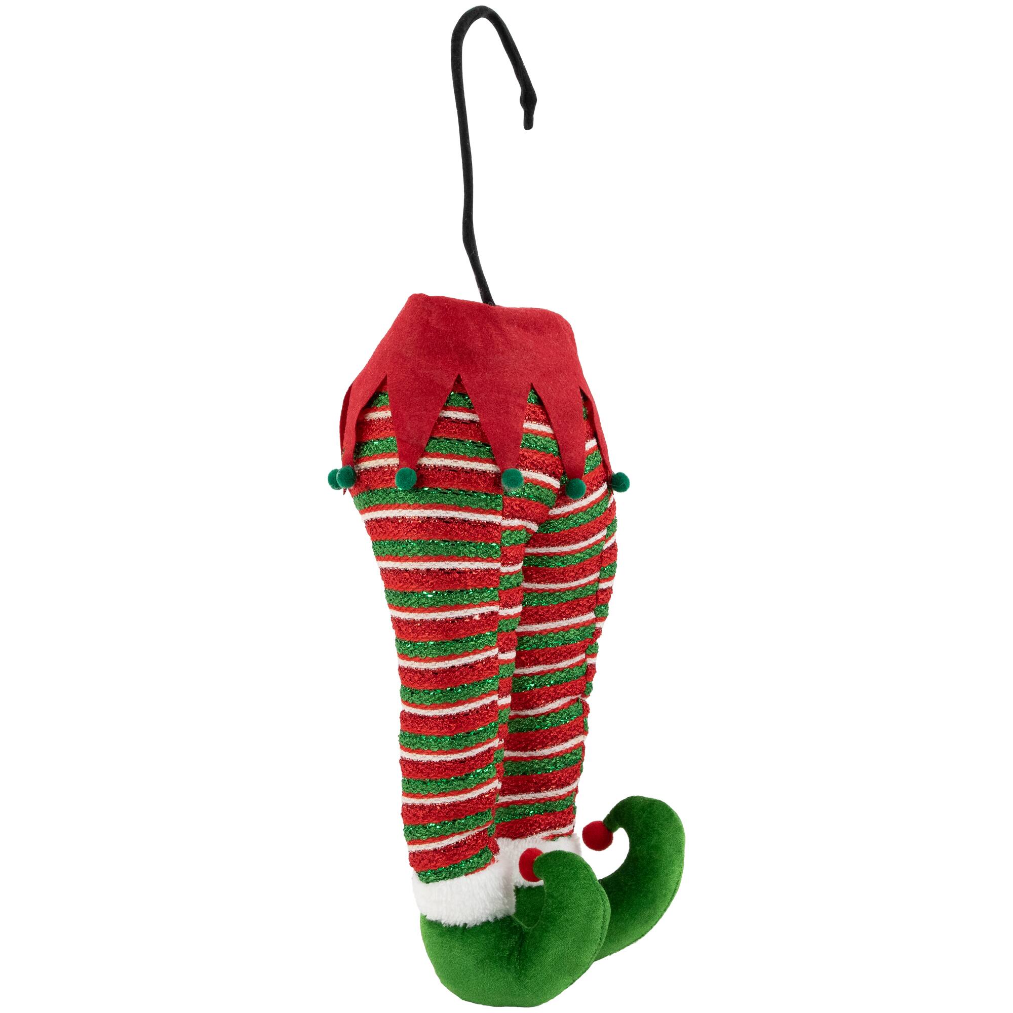 19" Red & Green Striped Hanging Elf Legs Décor