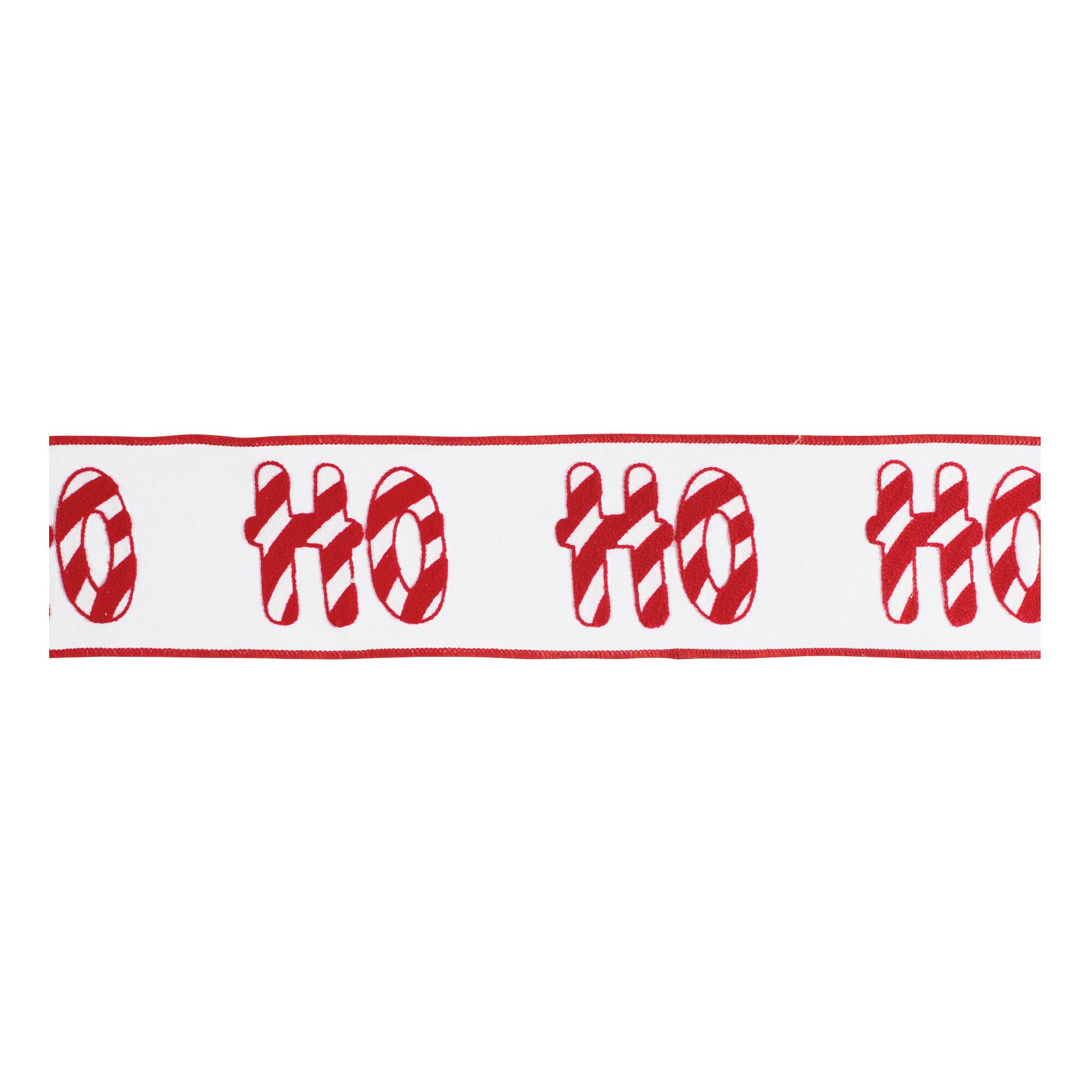 Melrose 4" x 5yd. Red & White HO HO HO Candy Cane Wired Cotton Ribbon