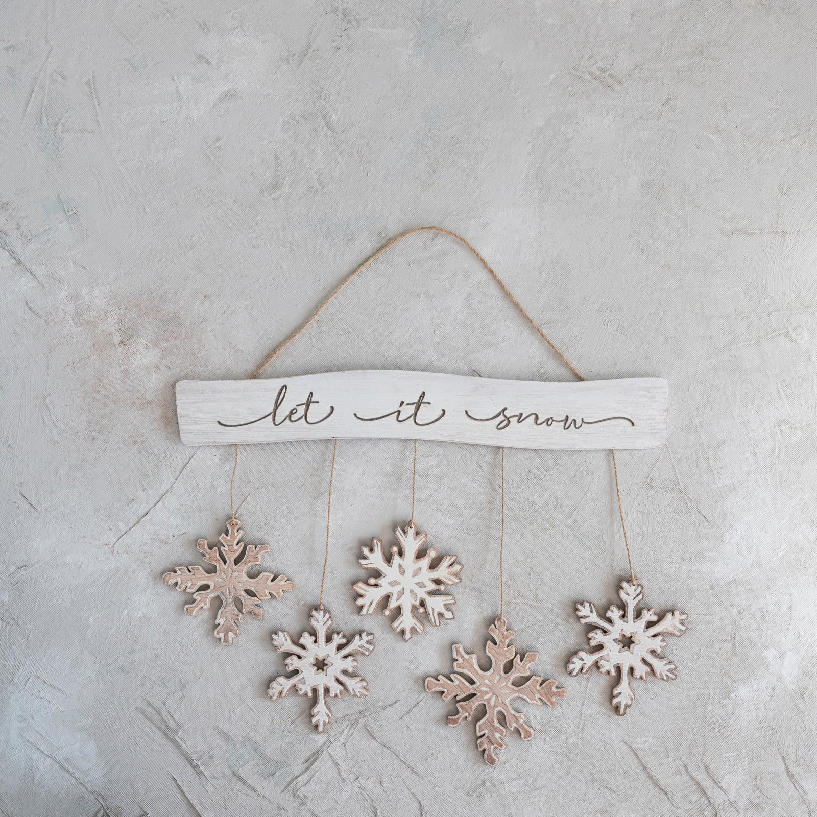 Hello Honey® 25.5" White & Brown Let It Snow Fir Wood Snowflake Wall Hanging