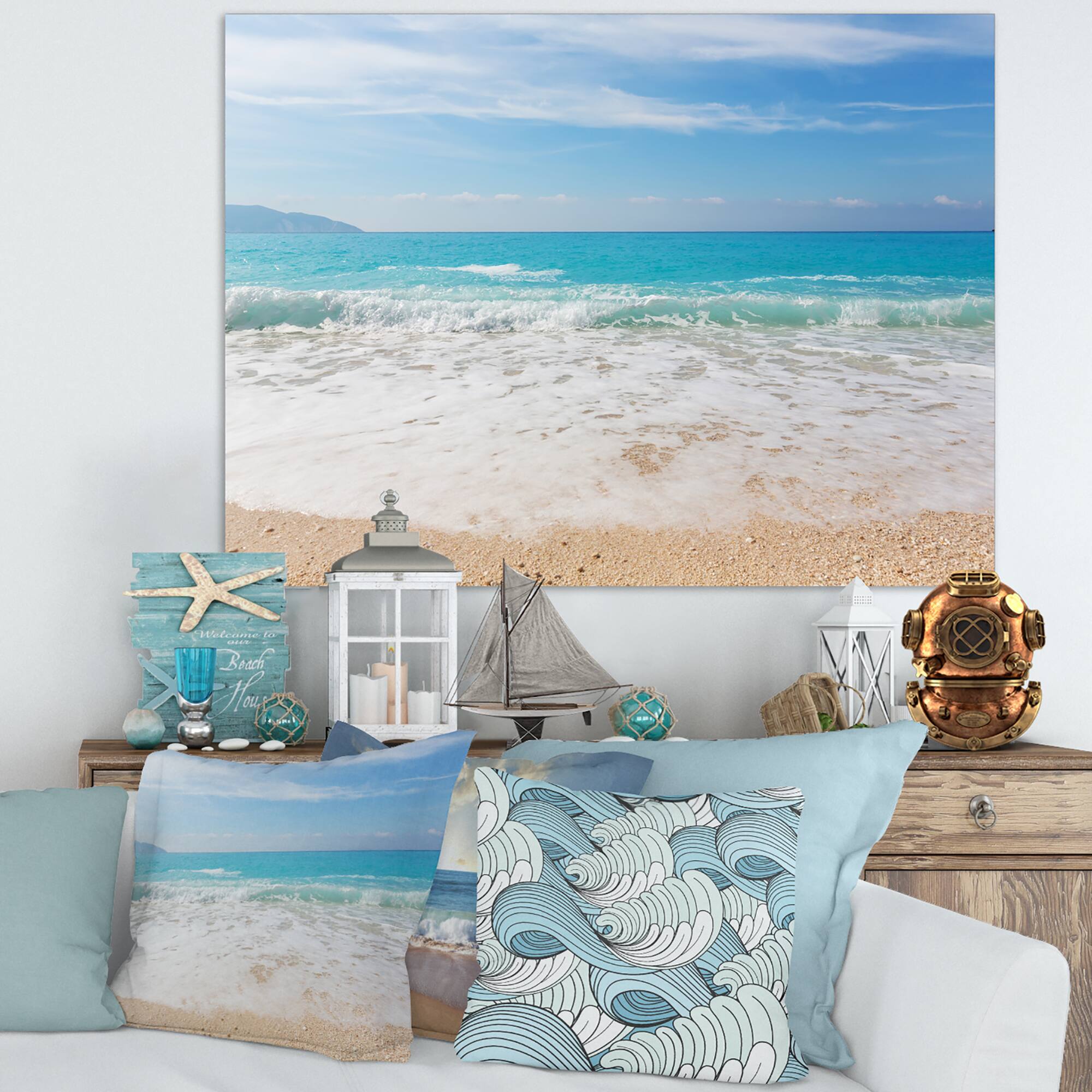 Designart - White Waves Kissing Beach Sand - Large Seashore Canvas Print