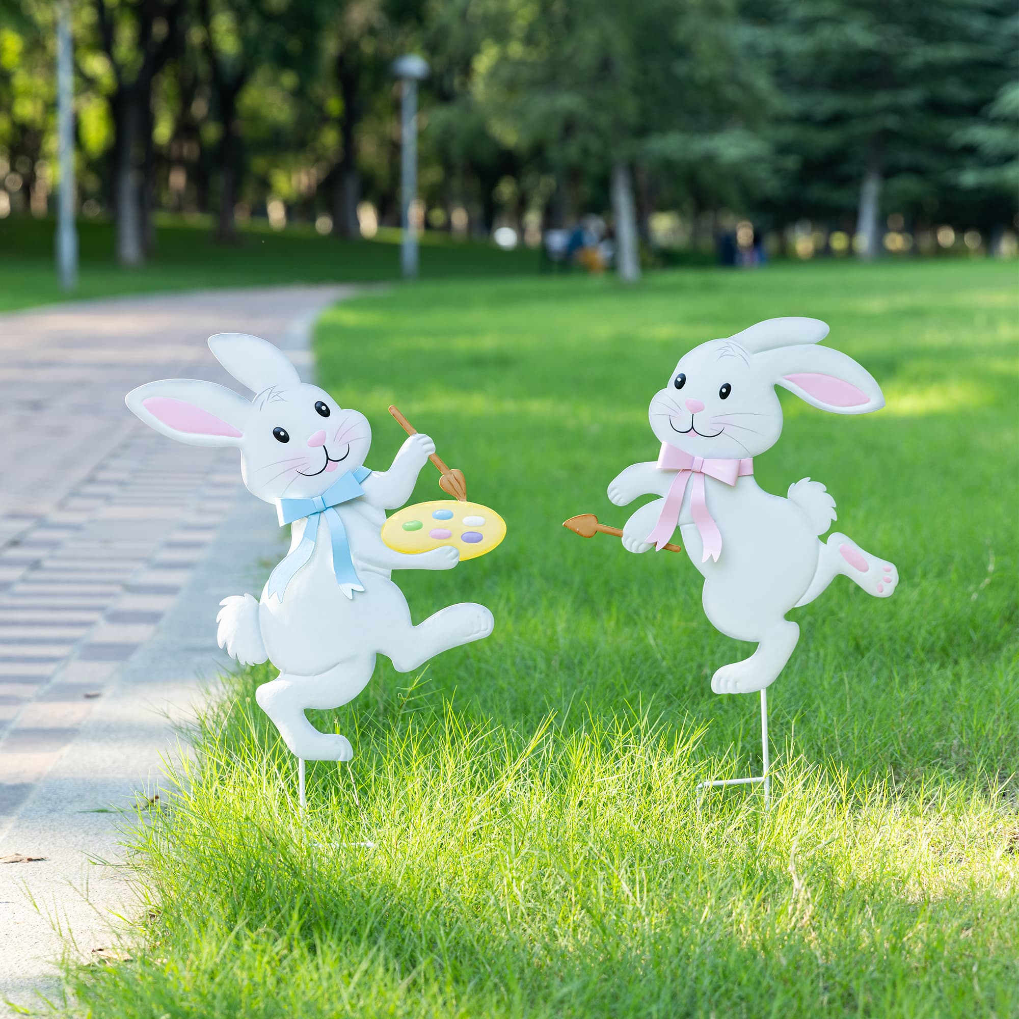 Glitzhome® Set of 2 Easter Metal Bunny Painter Yard Stake