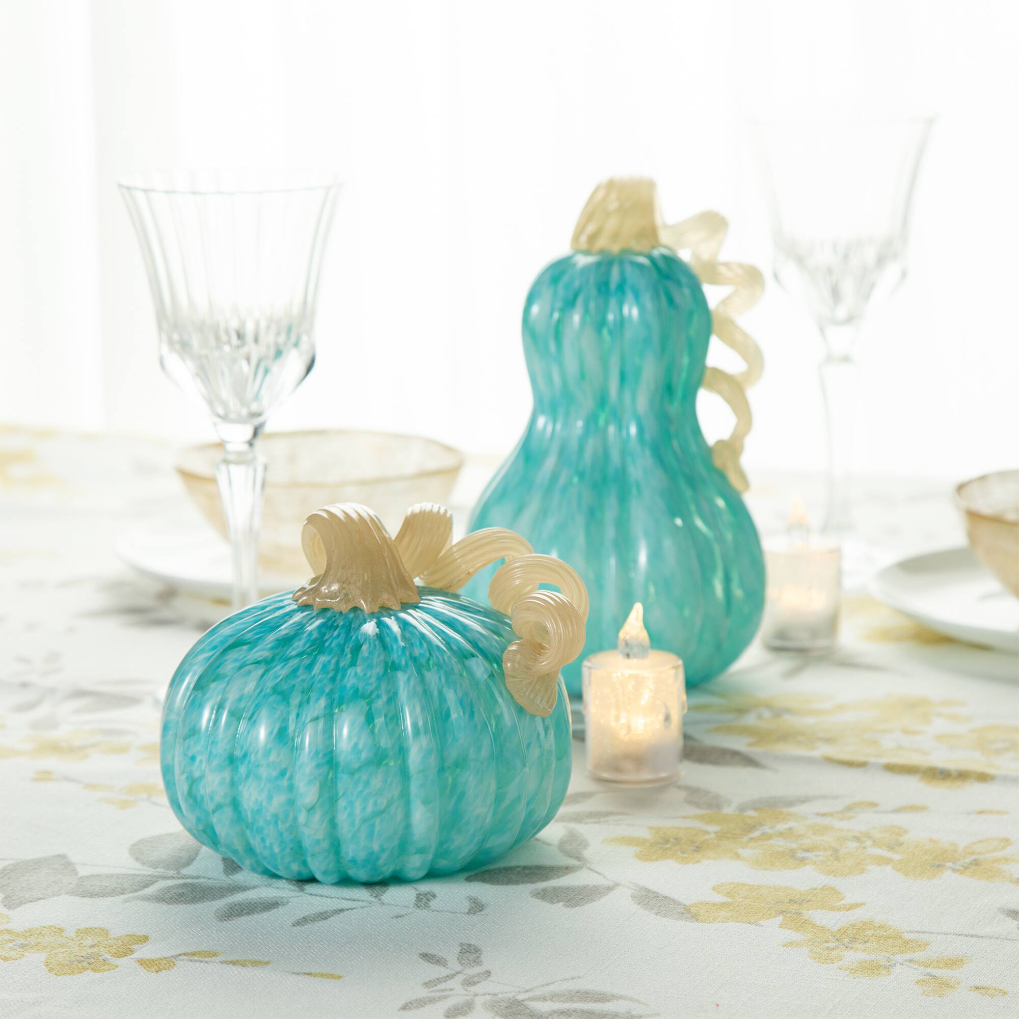 Glitzhome® 6" Fall Turquoise Round Glass Pumpkin
