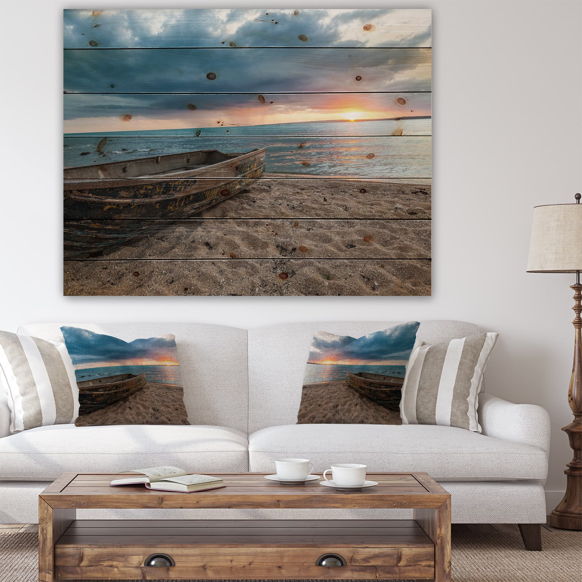 Designart - Rusty Row Boat on Sand at Sunset - Seascape Print on Natural Pine Wood