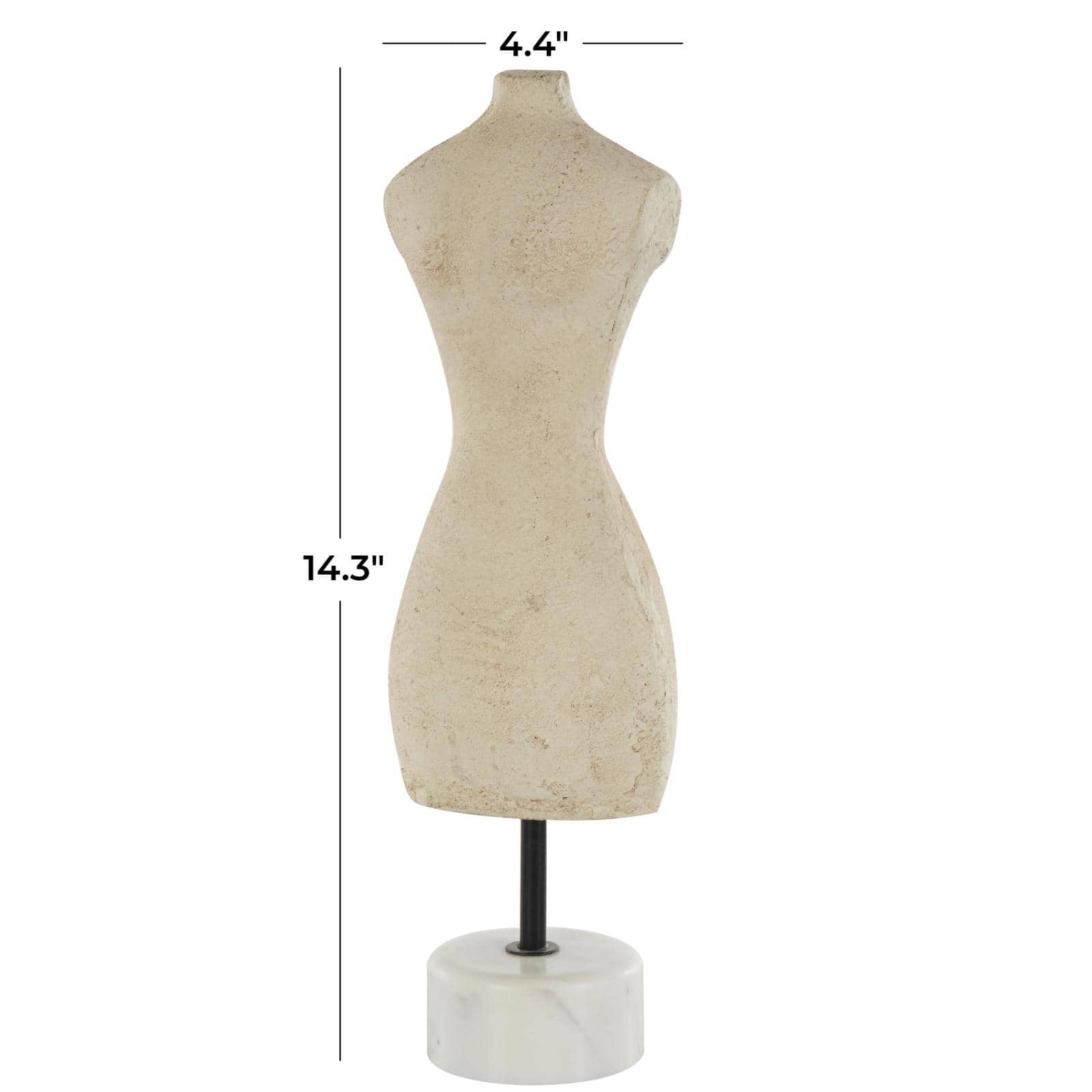 14.25" Cream Antique Style Paper Mache Female Dress Form Sculpture with White Marble Base