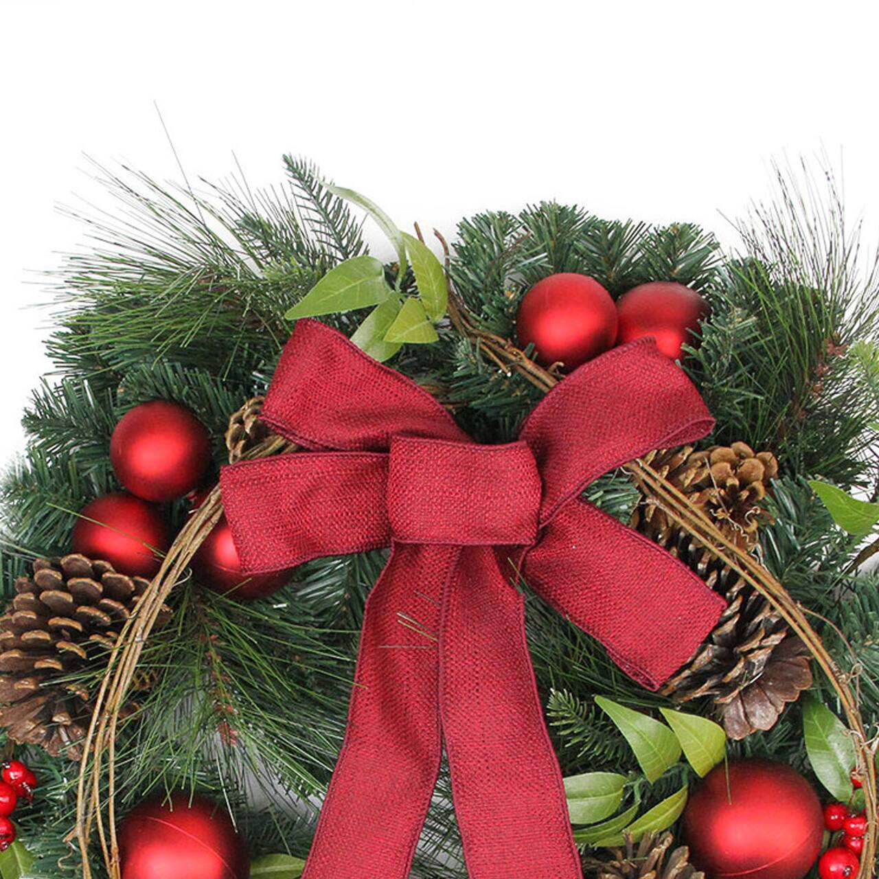 24" Red Ball Ornaments & Pinecones Artificial Pine Wreath
