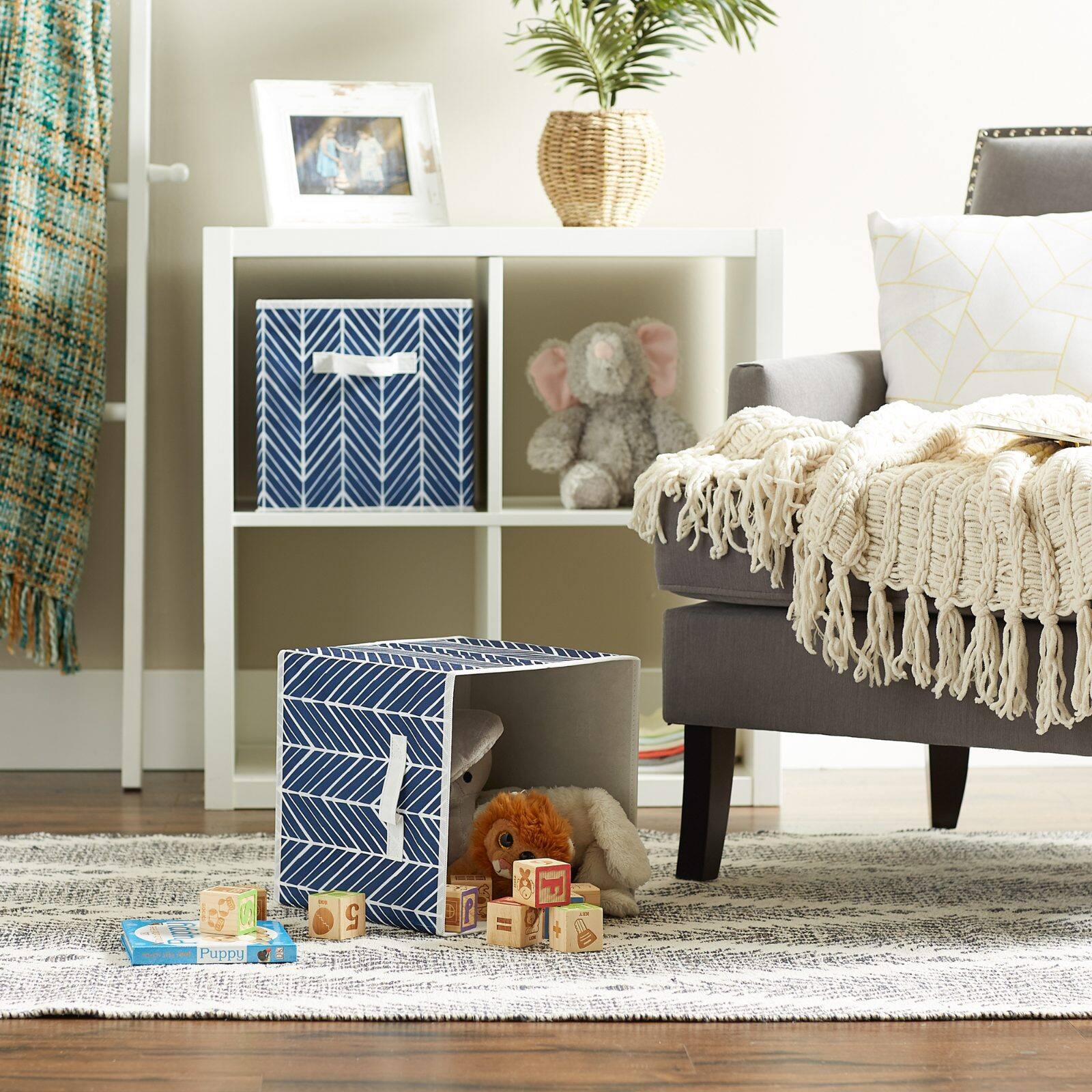 DII® 11" Nautical Blue Herringbone Storage Cube, 2ct.
