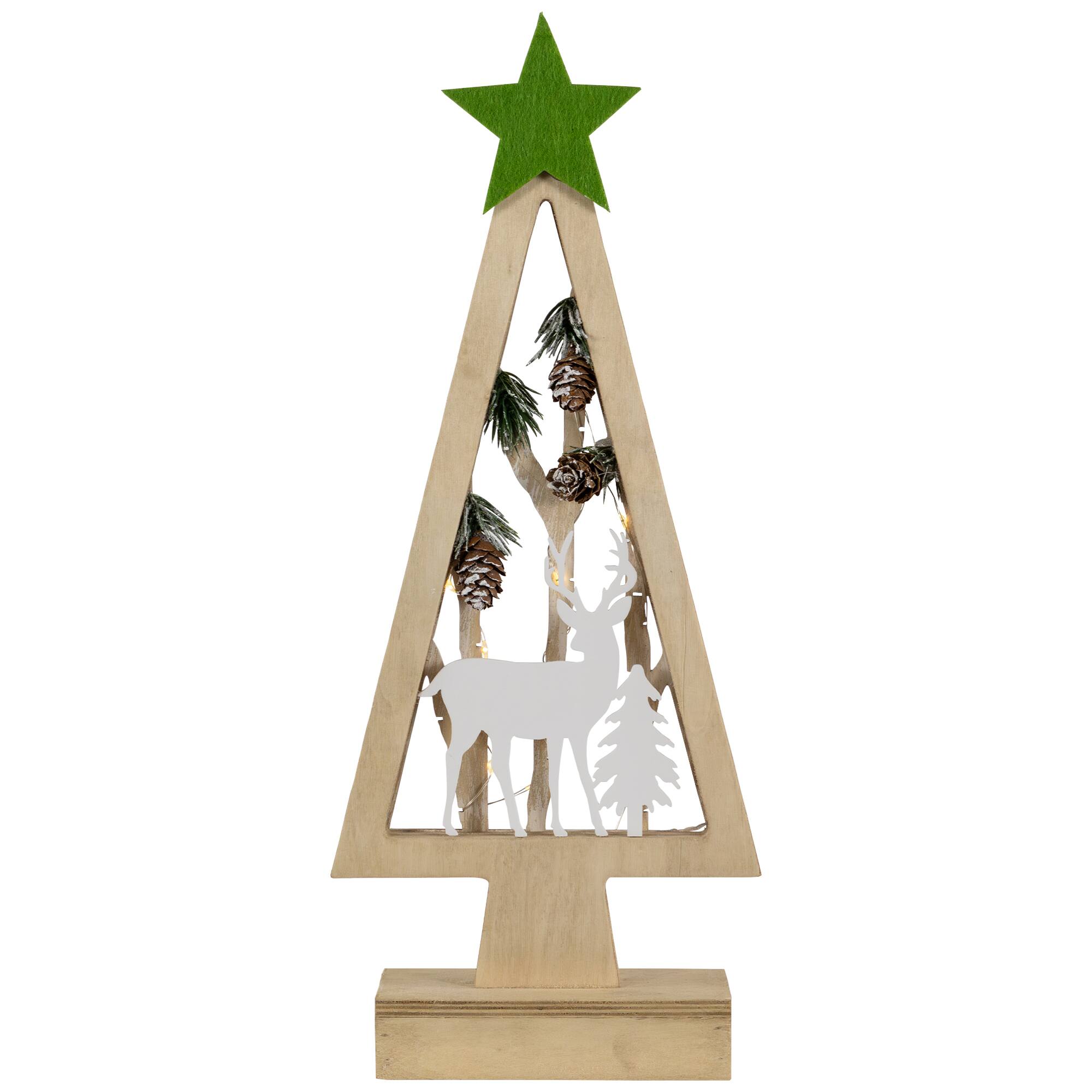 Northlight 15" Lighted Wooden Christmas Tree with Star & Reindeer Woodland Scene Decoration