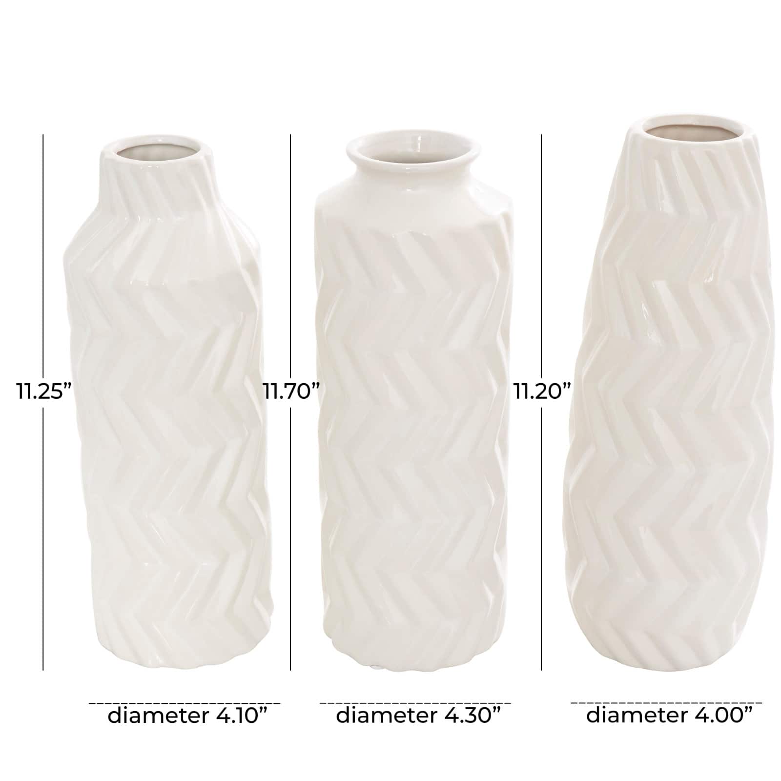 White Ceramic Dimensional Chevron Textured Vase with Varying Shapes Set