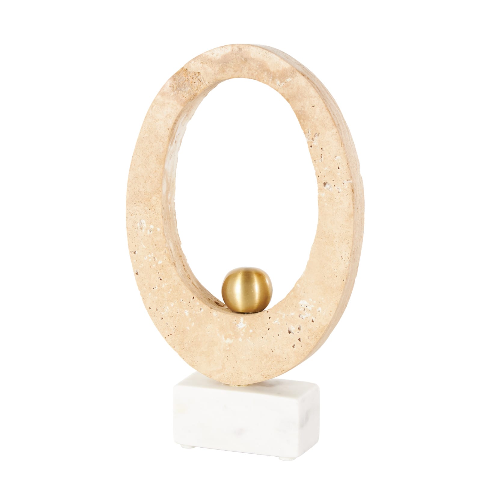 7" x 12" Cream Marble Abstract Oval Decorative Sculpture with Gold Ball and White Base