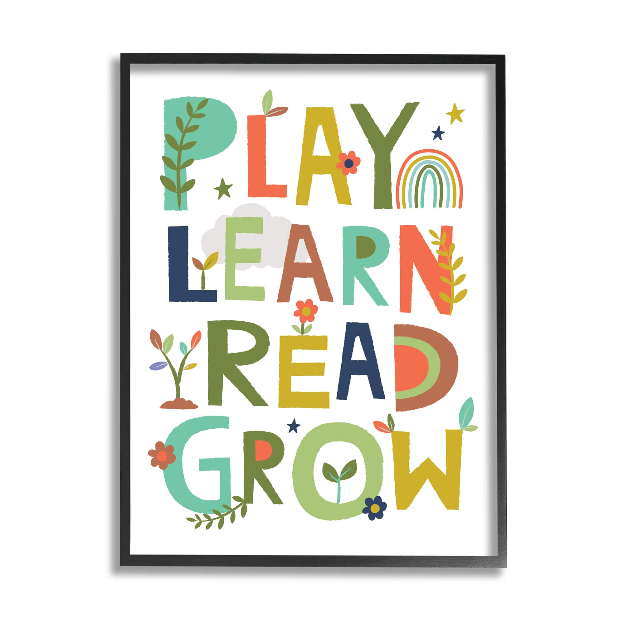 Stupell Industries Play Learn Read Grow Children's Typography Rainbow Flowers Framed Wall Art