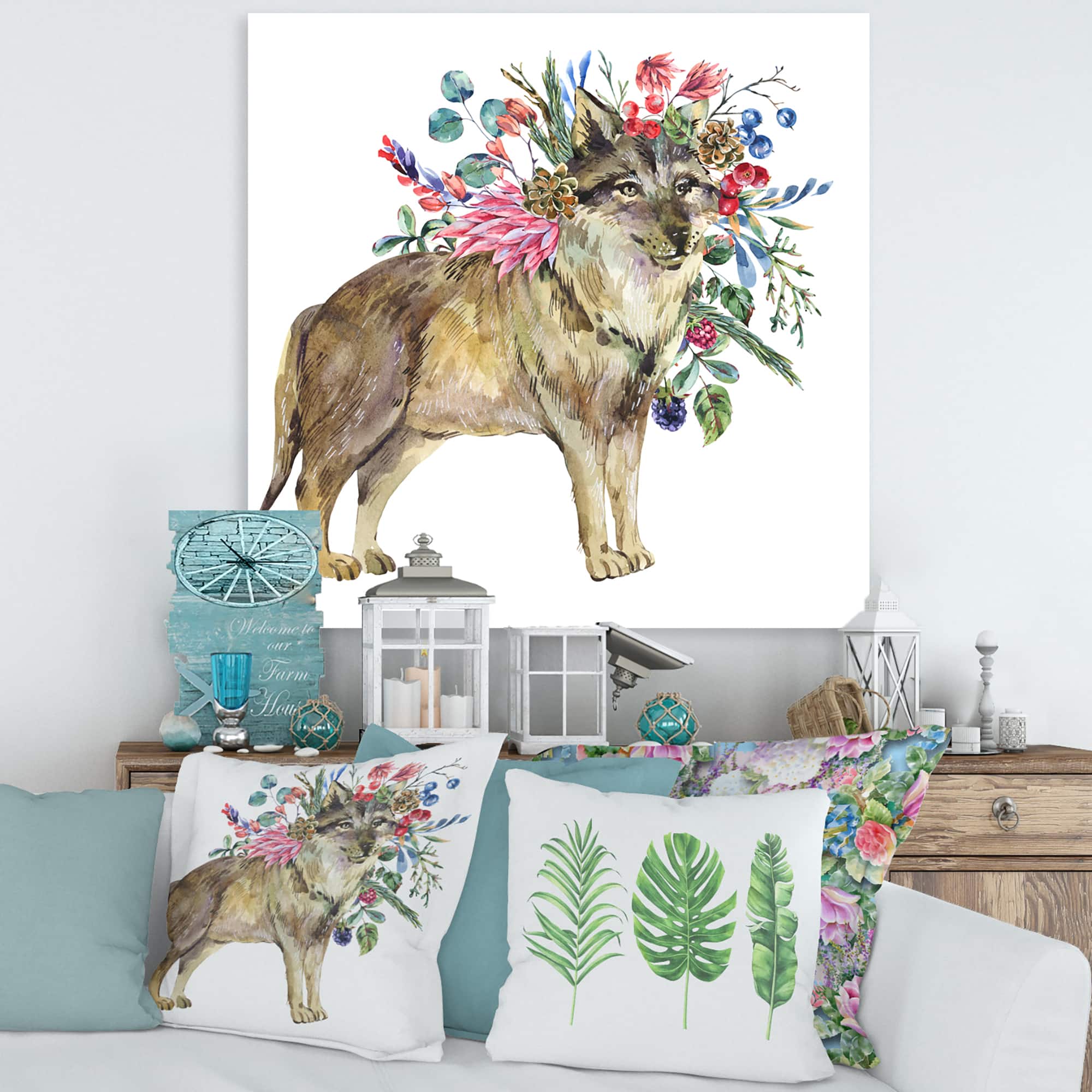 Designart - Wolf With Woodland Flowers - Farmhouse Canvas Wall Art Print