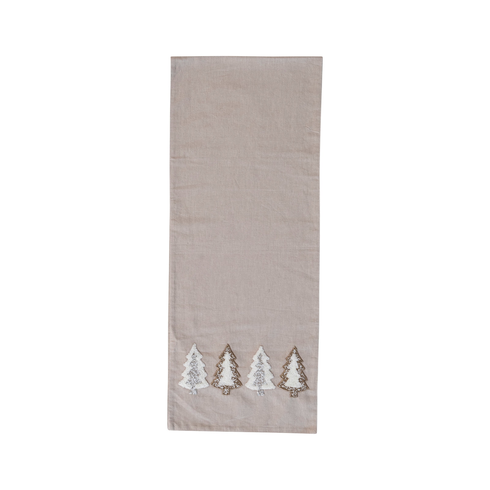 Hello Honey® 72" Natural Brown, Silver & Gold Cotton Chambray Table Runner with Embroidered Tufted Trees & Glass Beads