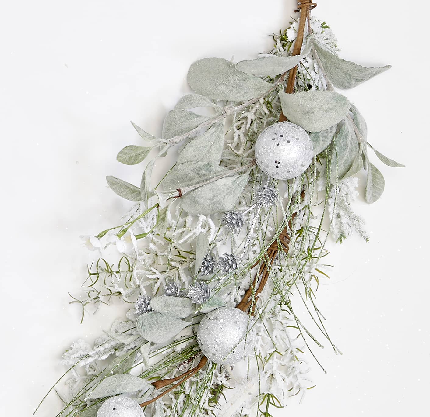 60" White Glittered Balls & Leaves Artificial Christmas Garland